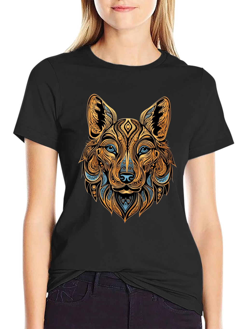 Tribal Wolf Graphic Black Tee - Unique Animal Print