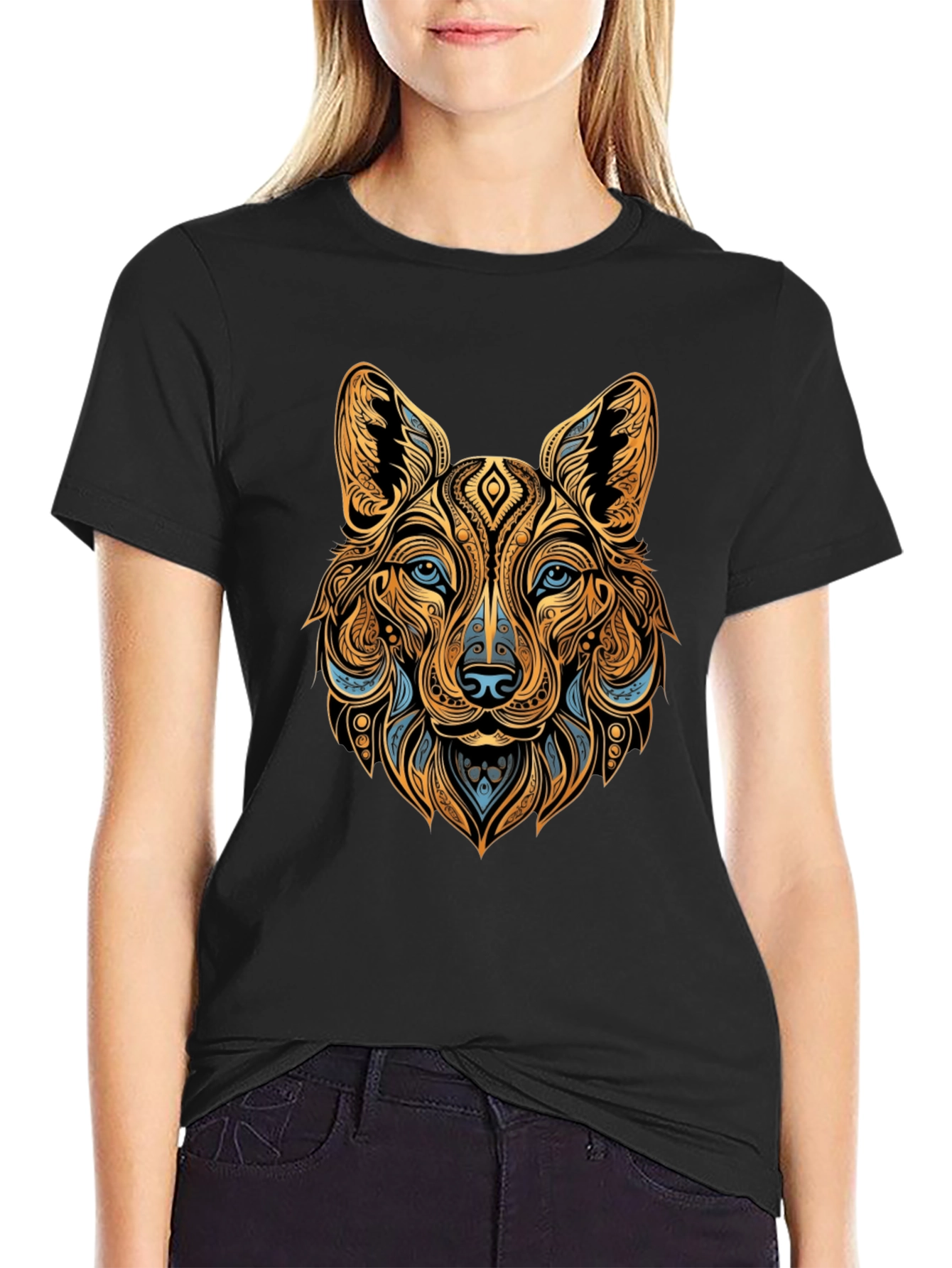 Tribal Wolf Graphic Black Tee - Unique Animal Print
