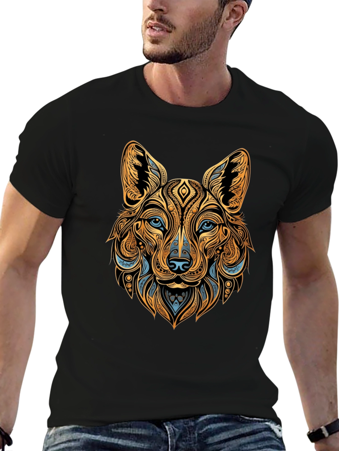 Tribal Wolf Graphic Black Tee - Unique Animal Print