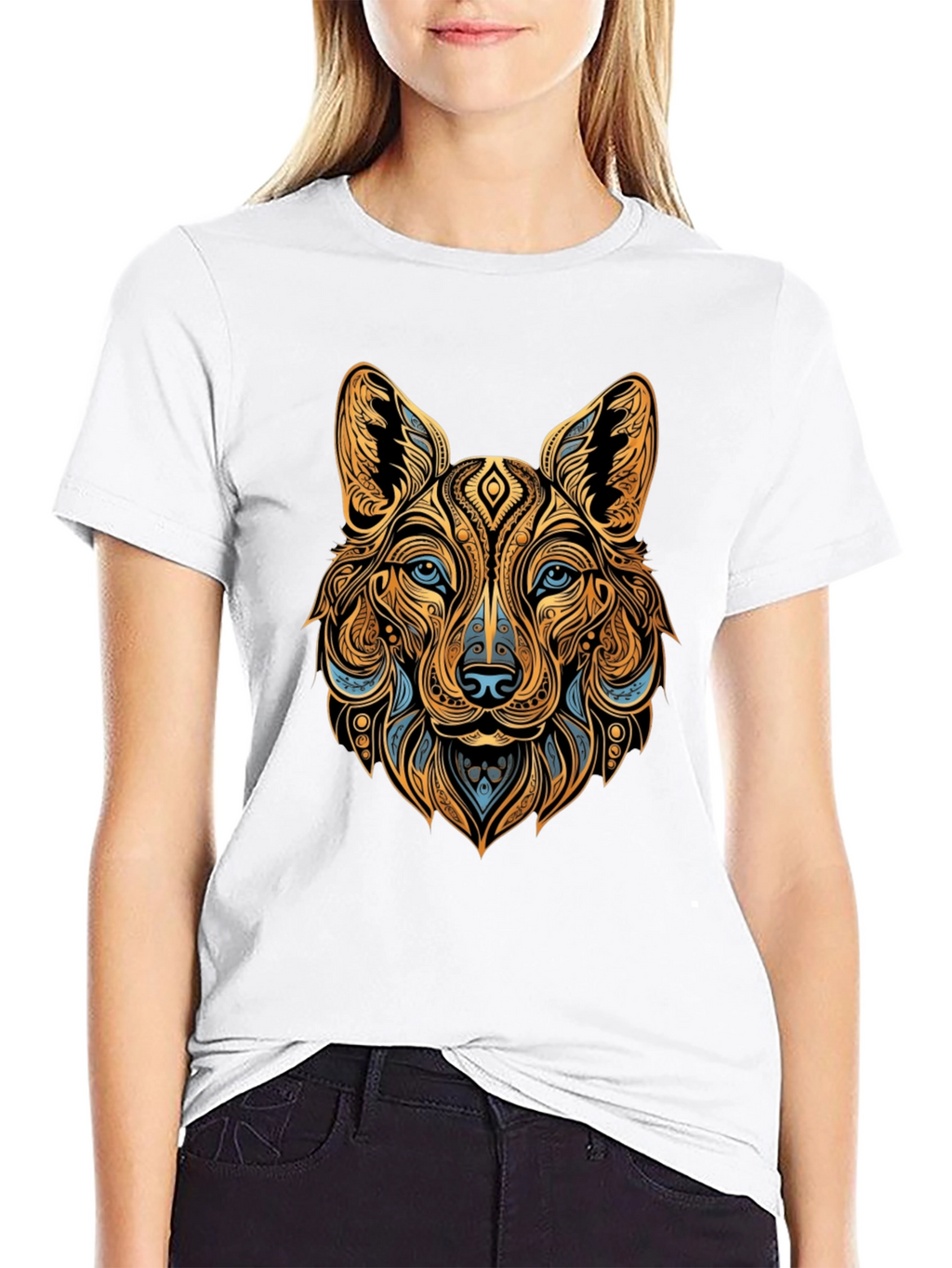 Tribal Wolf Graphic Black Tee - Unique Animal Print