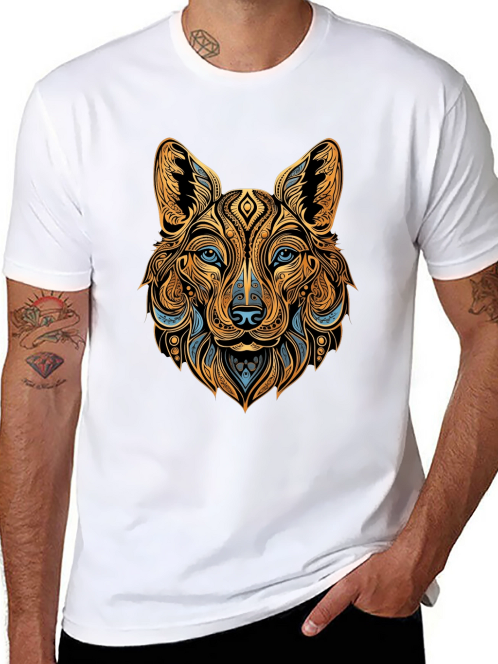 Tribal Wolf Graphic Black Tee - Unique Animal Print