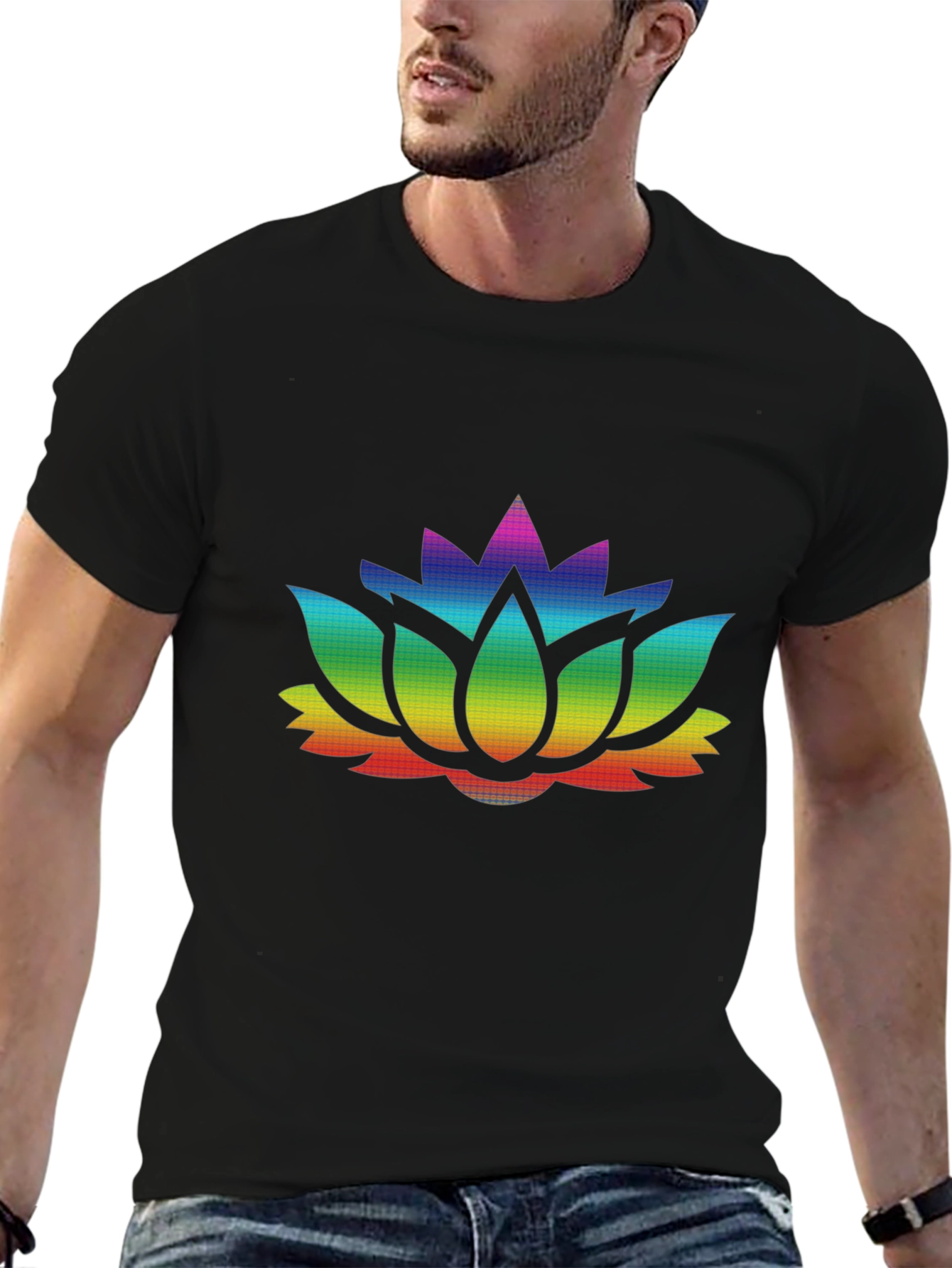 Rainbow Lotus Flower Graphic Black T-Shirt