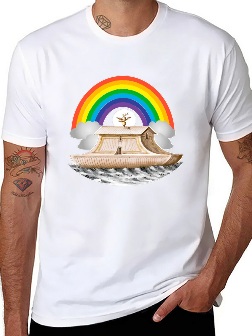 Noahs Ark Rainbow Graphic Tee - Black Cotton T-Shirt
