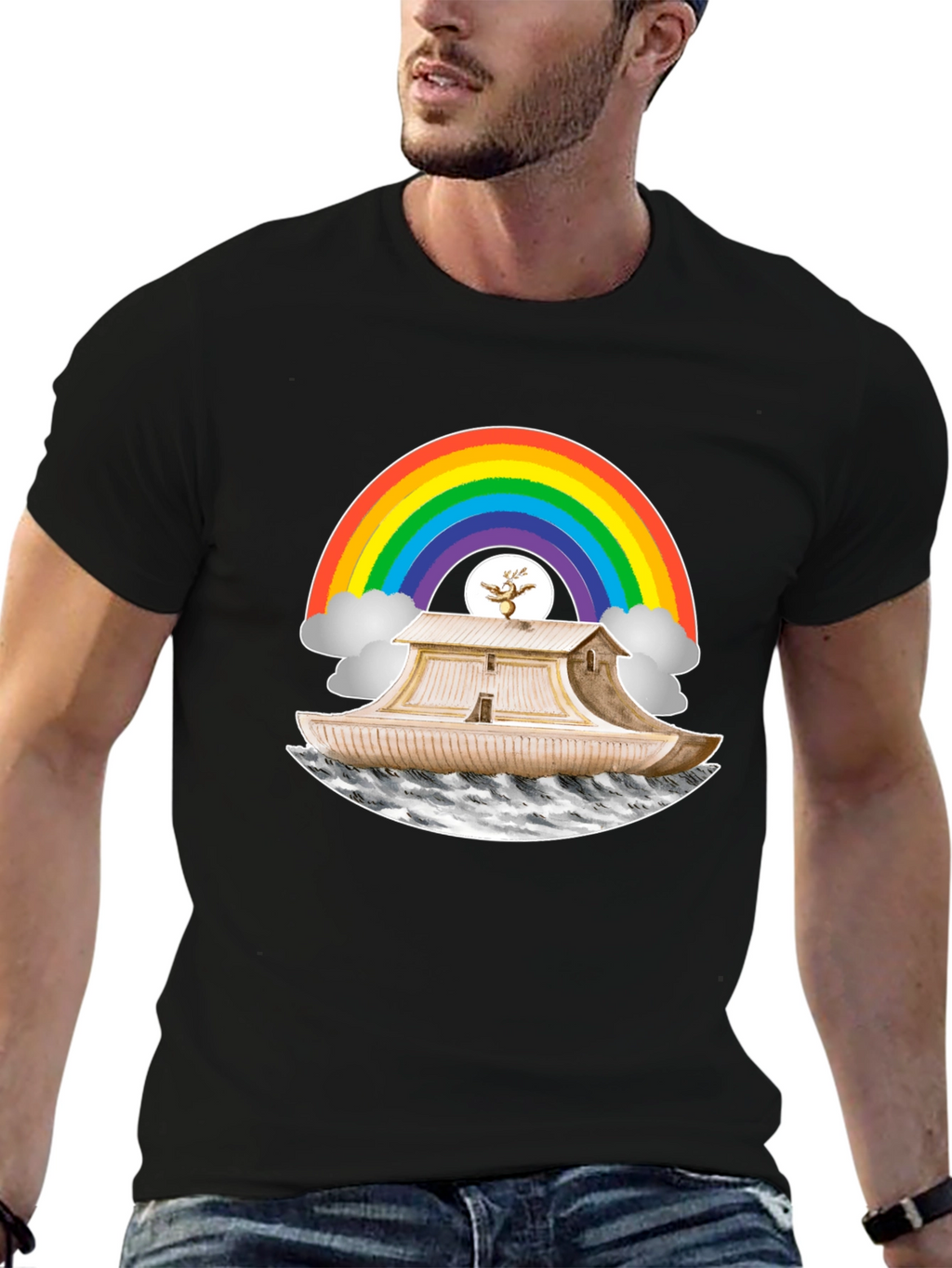 Noahs Ark Rainbow Graphic Tee - Black Cotton T-Shirt