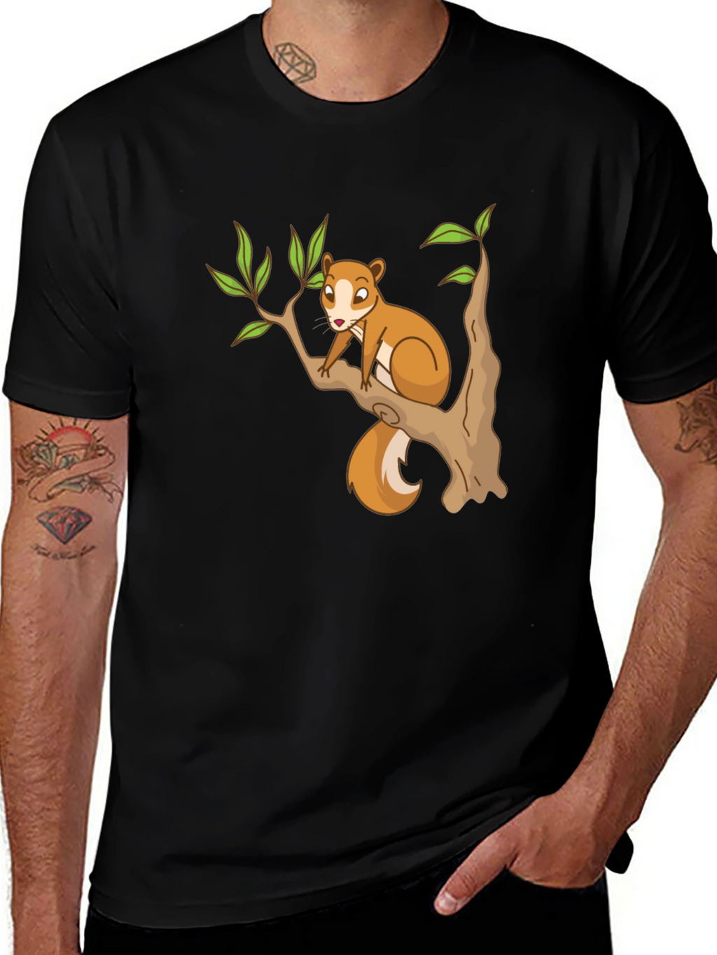 Squirrel on Tree Black T-Shirt