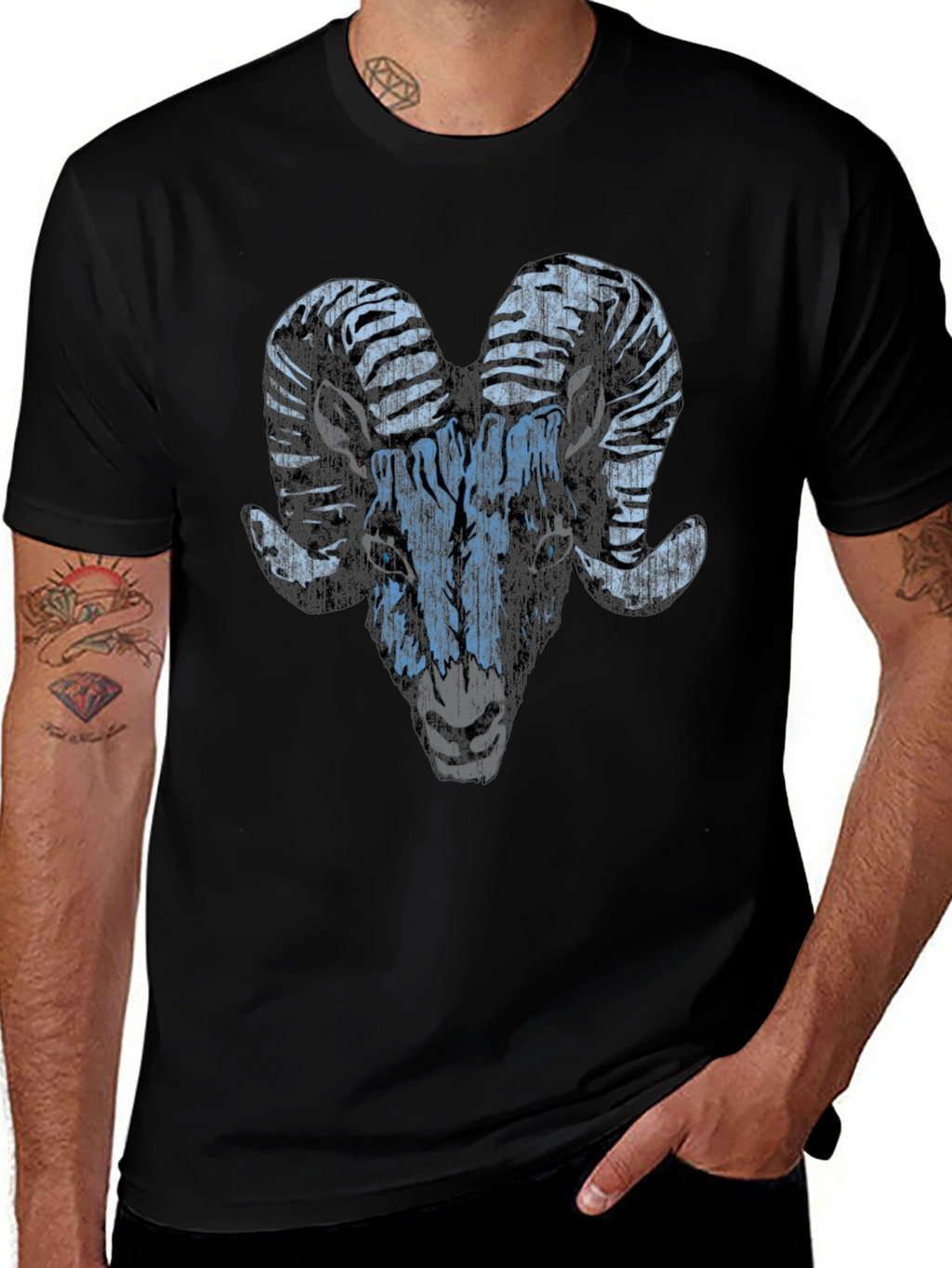 Ram Graphic T-Shirt - Black Distressed Animal Print