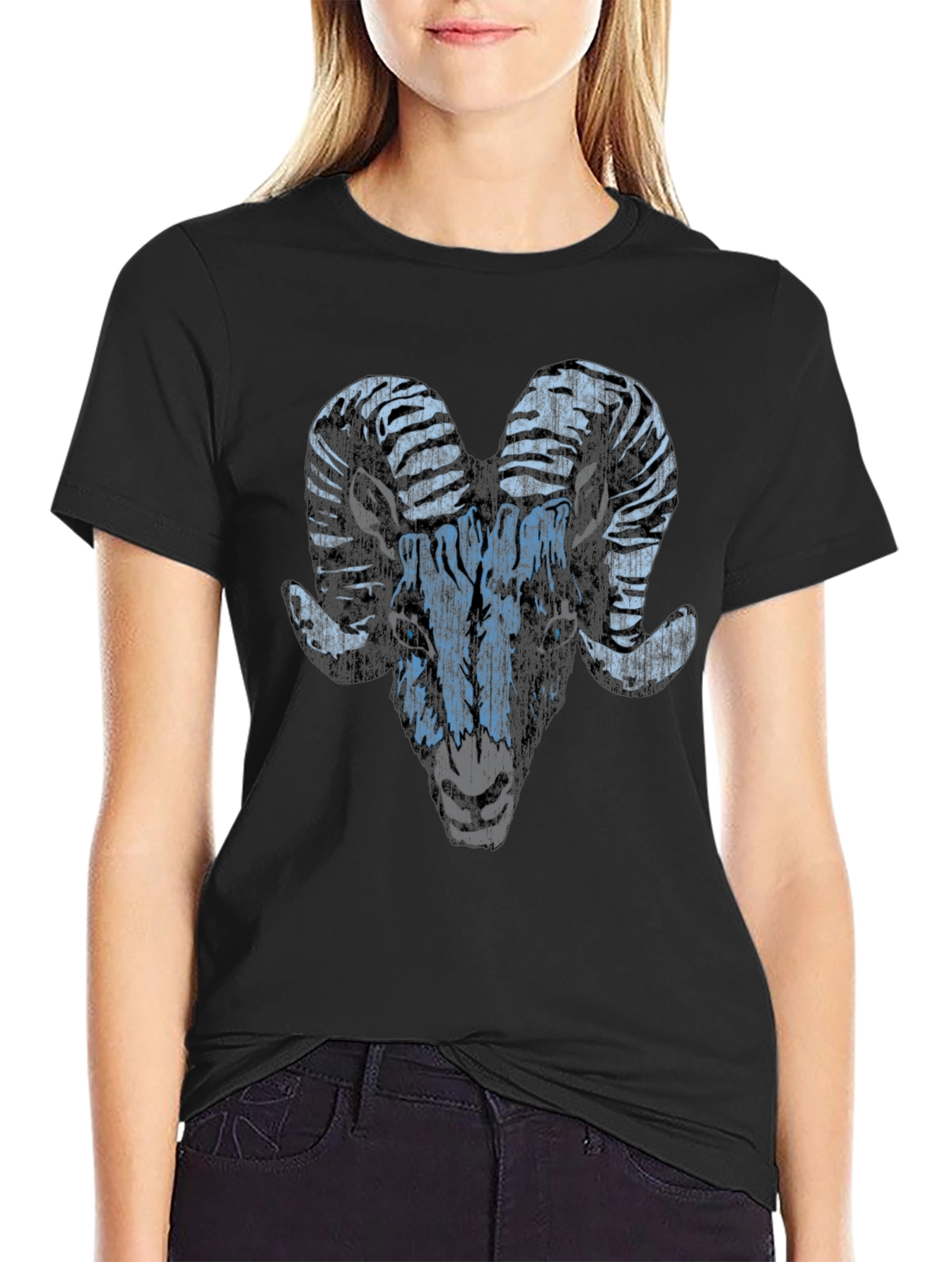 Ram Graphic T-Shirt - Black Distressed Animal Print