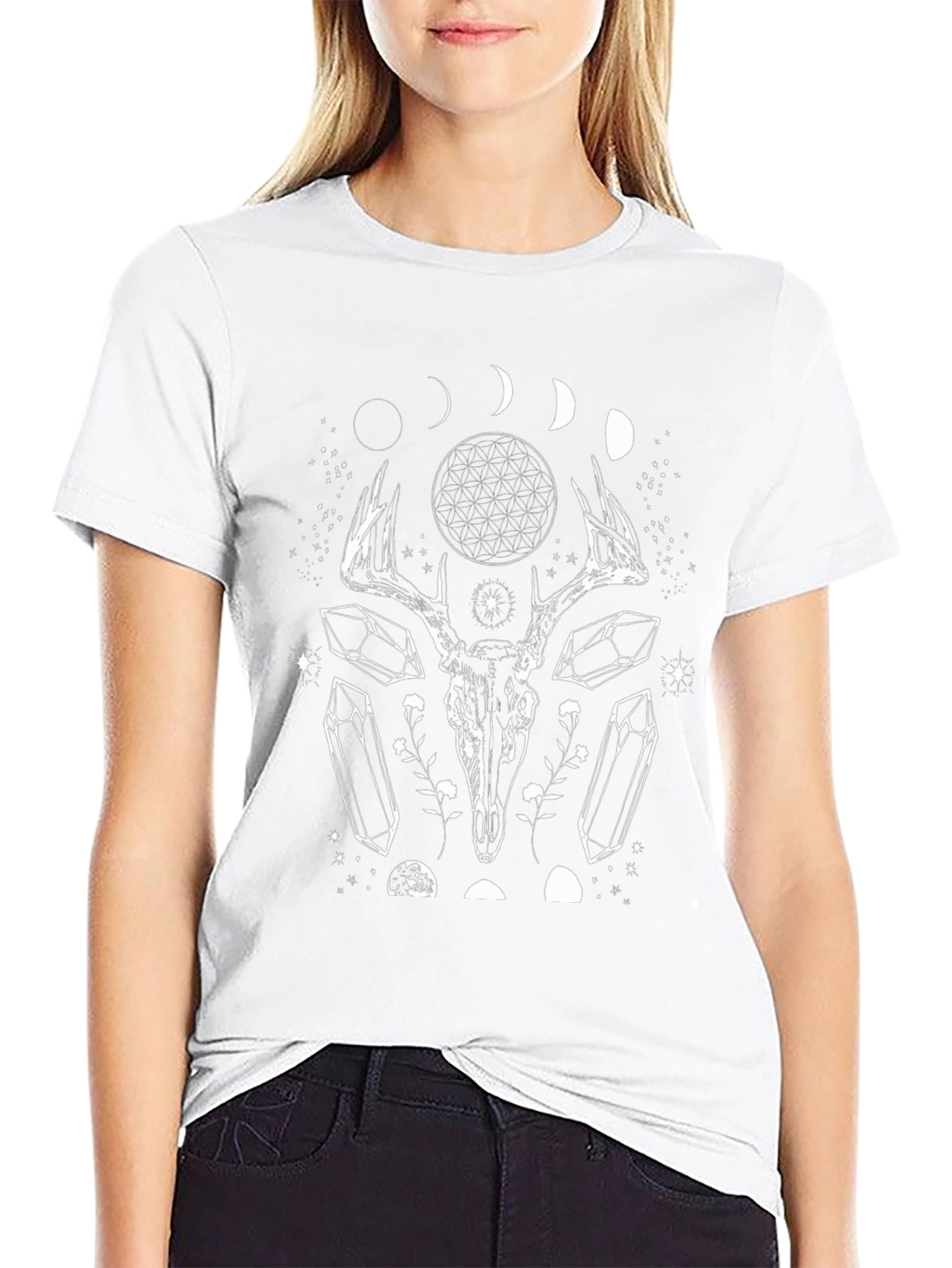 Mystic Deer Skull Graphic Tee - Black