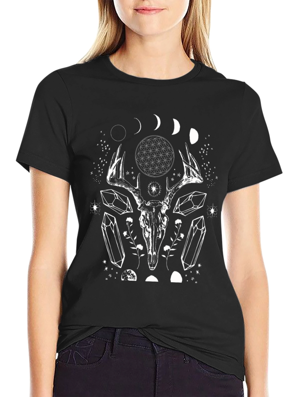 Mystic Deer Skull Graphic Tee - Black