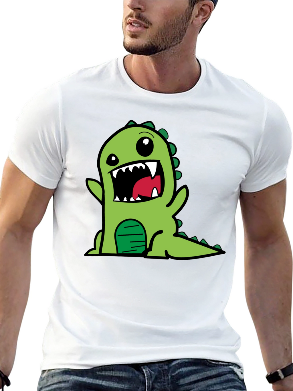 Cartoon Dinosaur Graphic Tee - Black Cotton T-Shirt