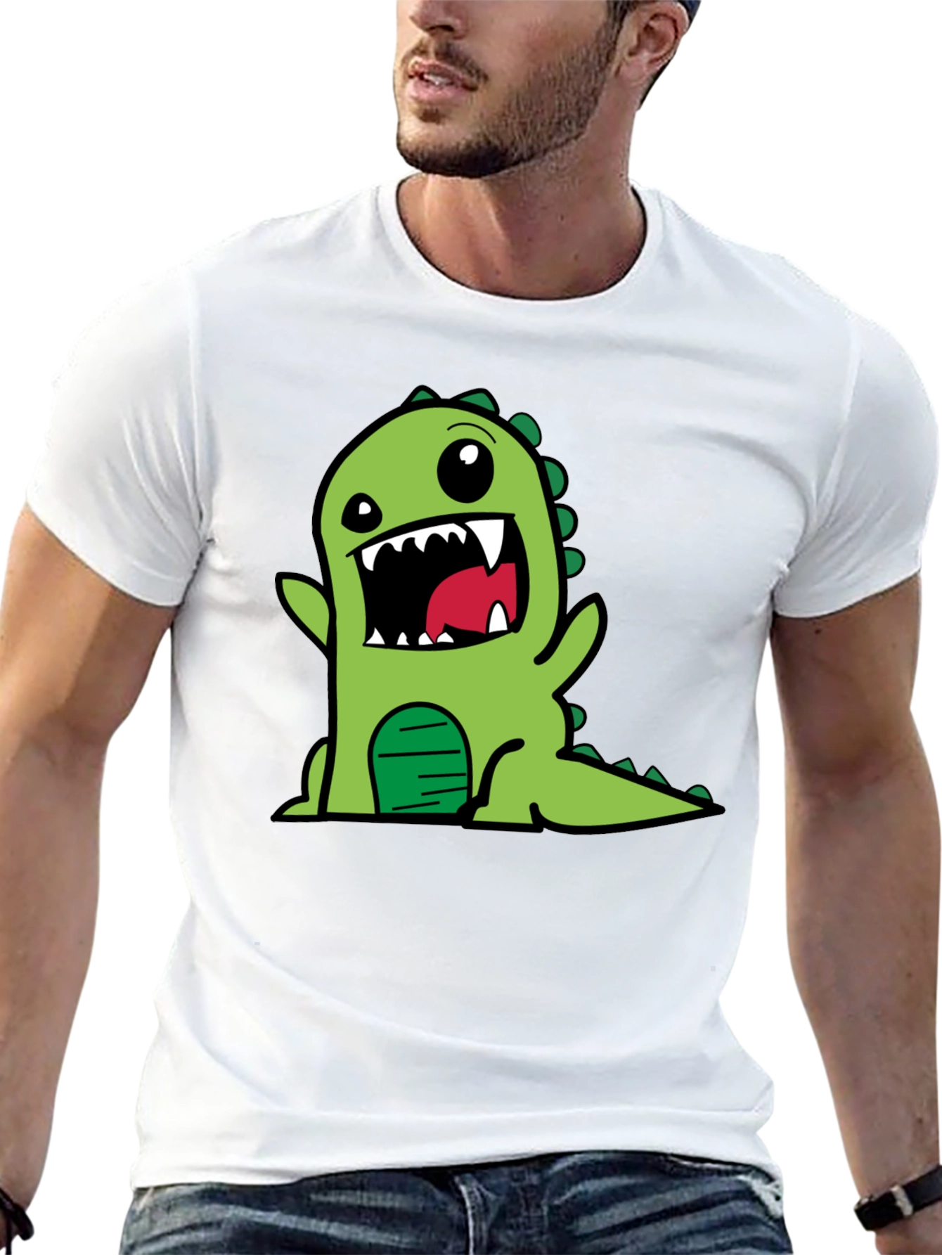 Cartoon Dinosaur Graphic Tee - Black Cotton T-Shirt
