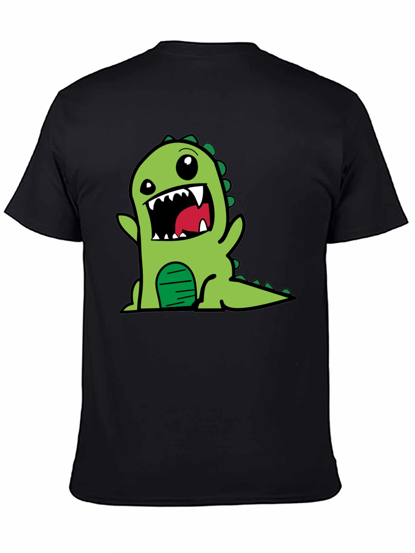 Cartoon Dinosaur Graphic Tee - Black Cotton T-Shirt