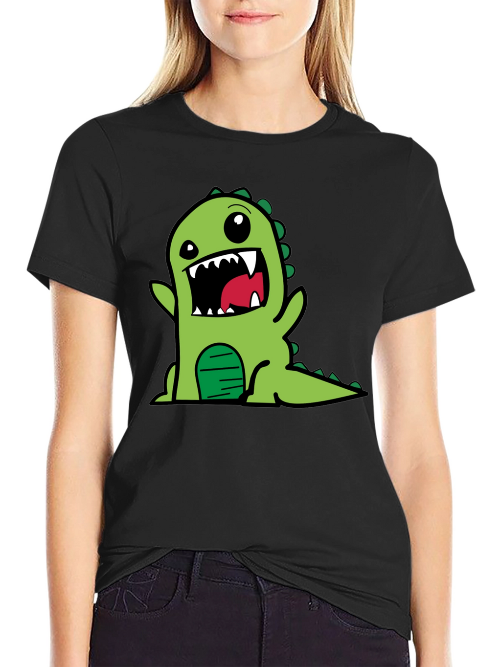 Cartoon Dinosaur Graphic Tee - Black Cotton T-Shirt