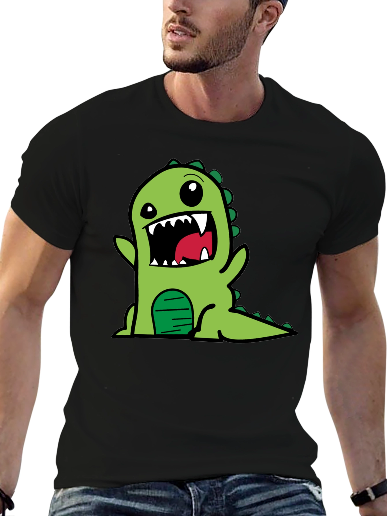 Cartoon Dinosaur Graphic Tee - Black Cotton T-Shirt