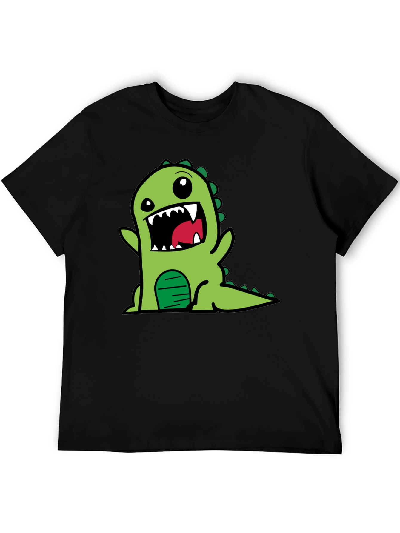 Cartoon Dinosaur Graphic Tee - Black Cotton T-Shirt
