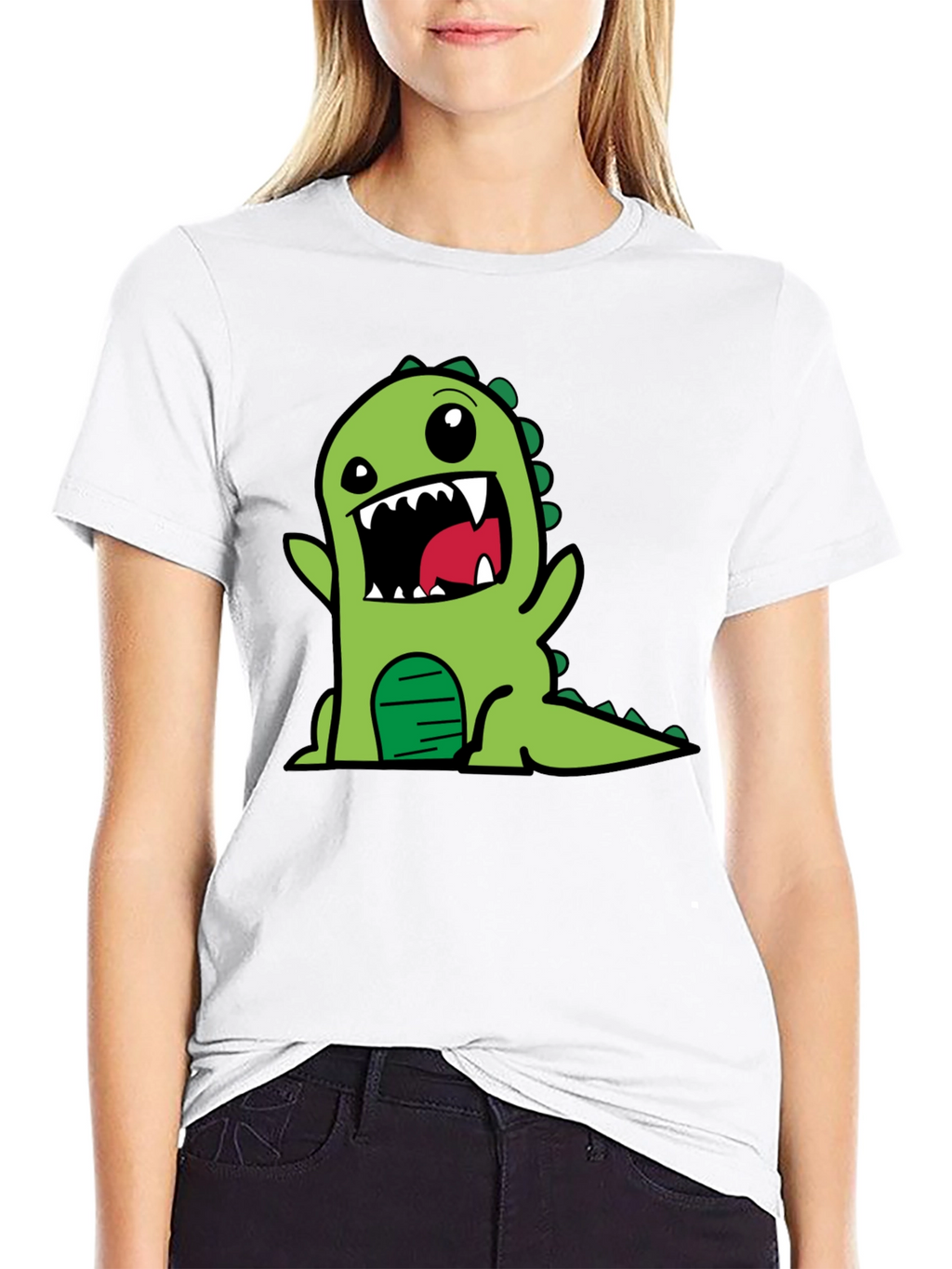 Cartoon Dinosaur Graphic Tee - Black Cotton T-Shirt
