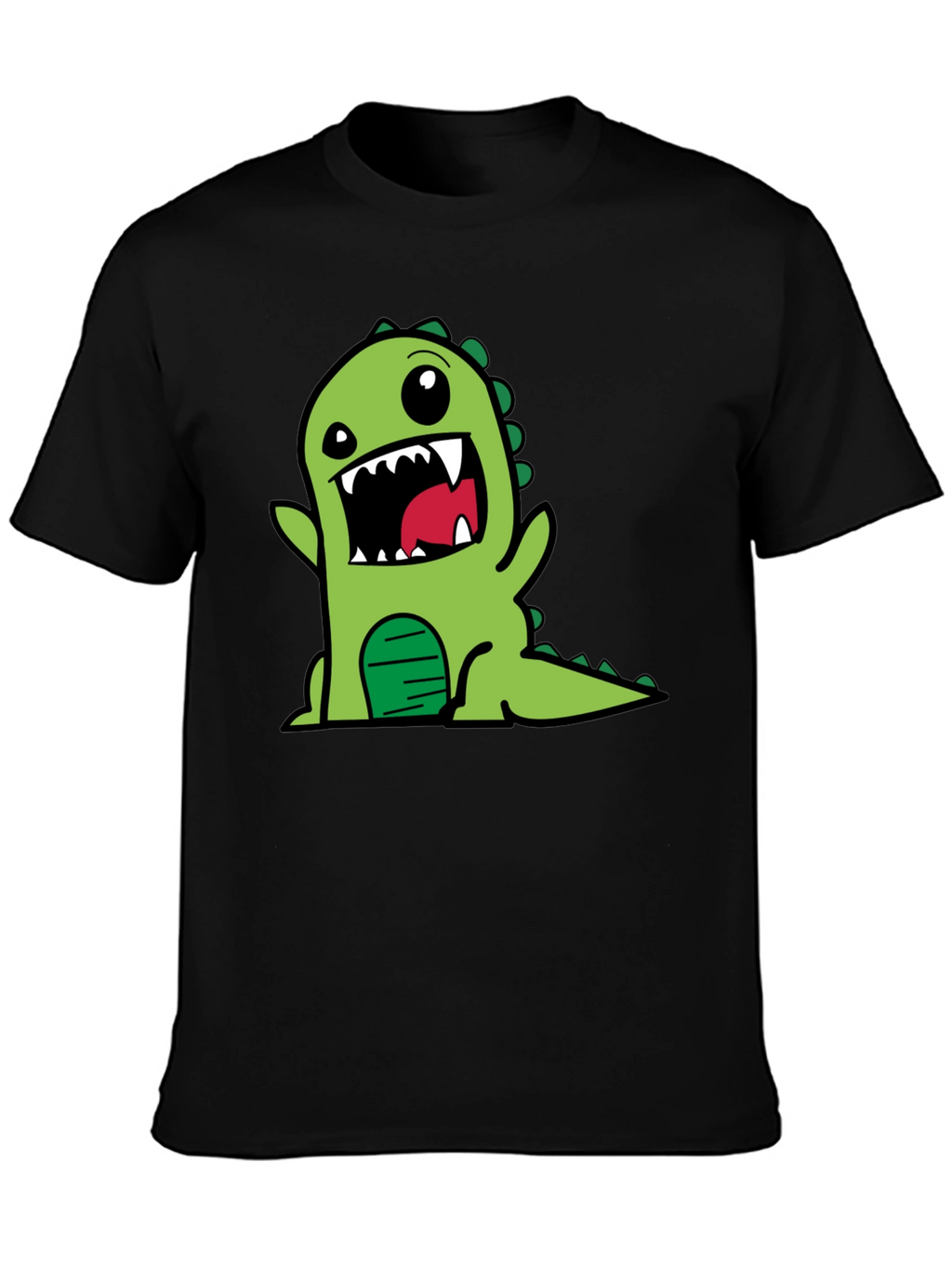 Cartoon Dinosaur Graphic Tee - Black Cotton T-Shirt