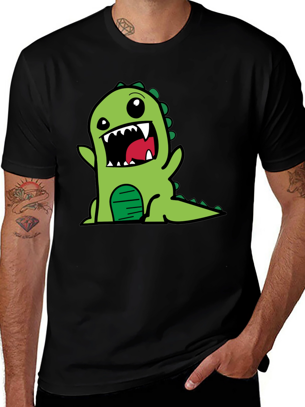 Cartoon Dinosaur Graphic Tee - Black Cotton T-Shirt