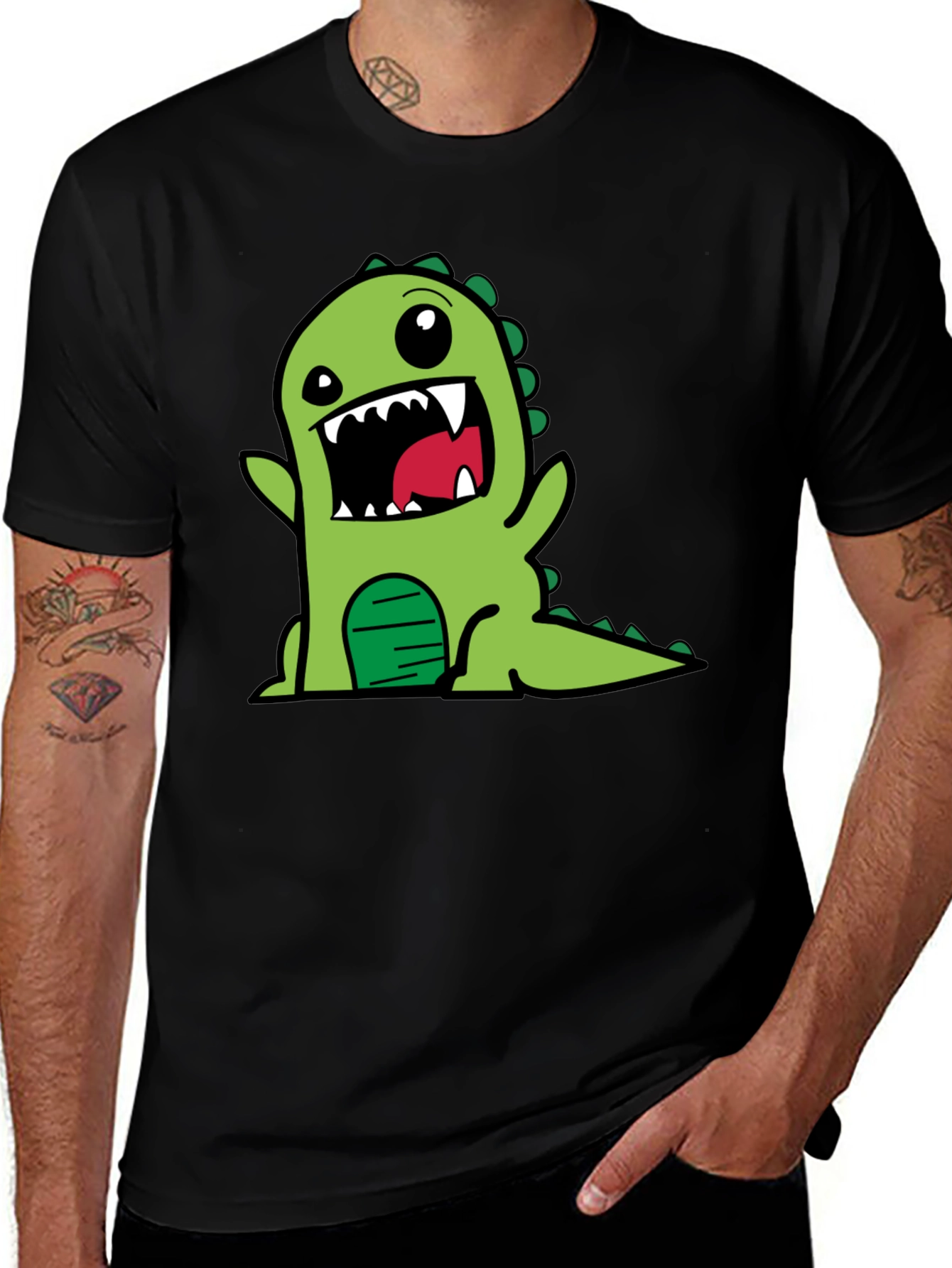 Cartoon Dinosaur Graphic Tee - Black Cotton T-Shirt
