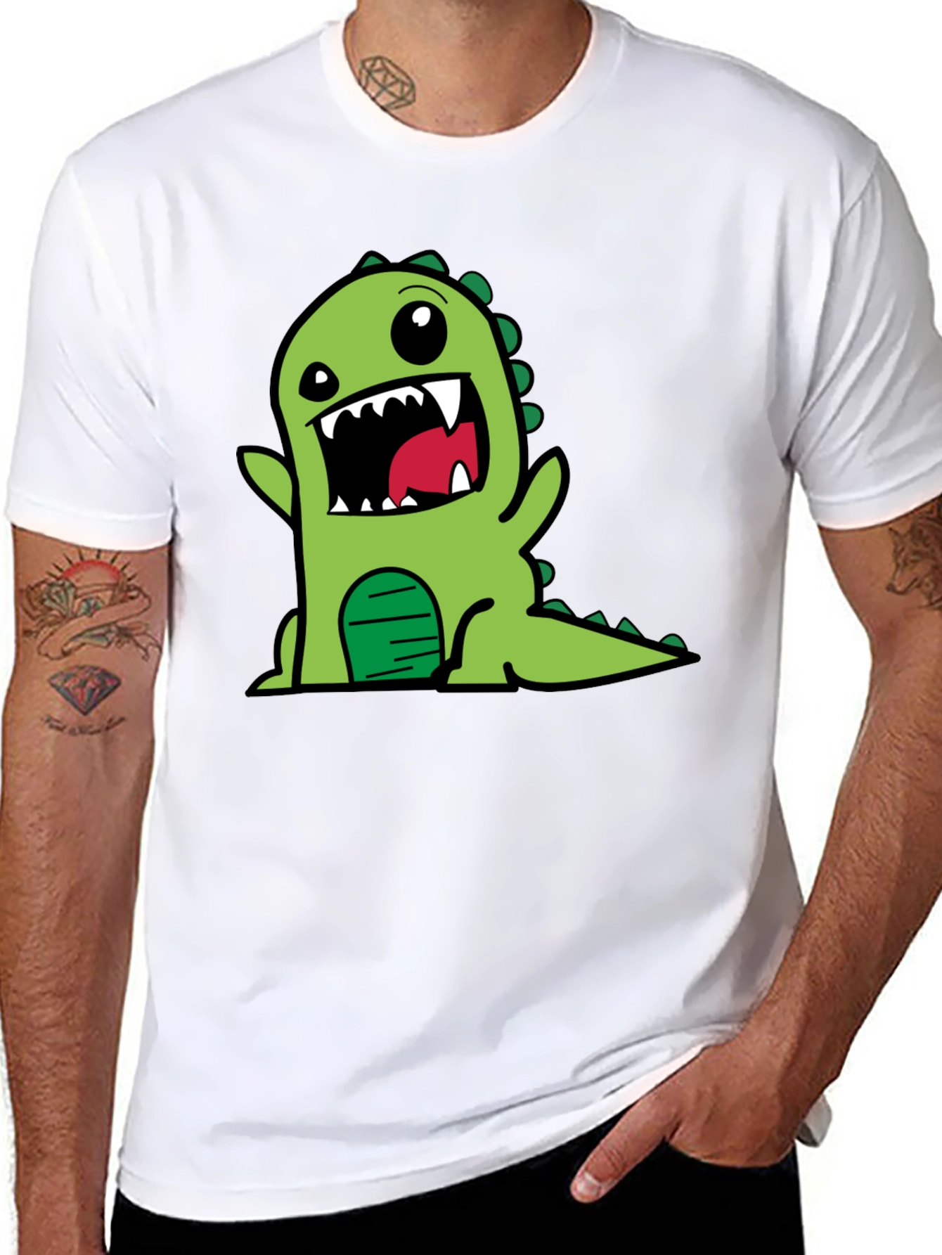 Cartoon Dinosaur Graphic Tee - Black Cotton T-Shirt
