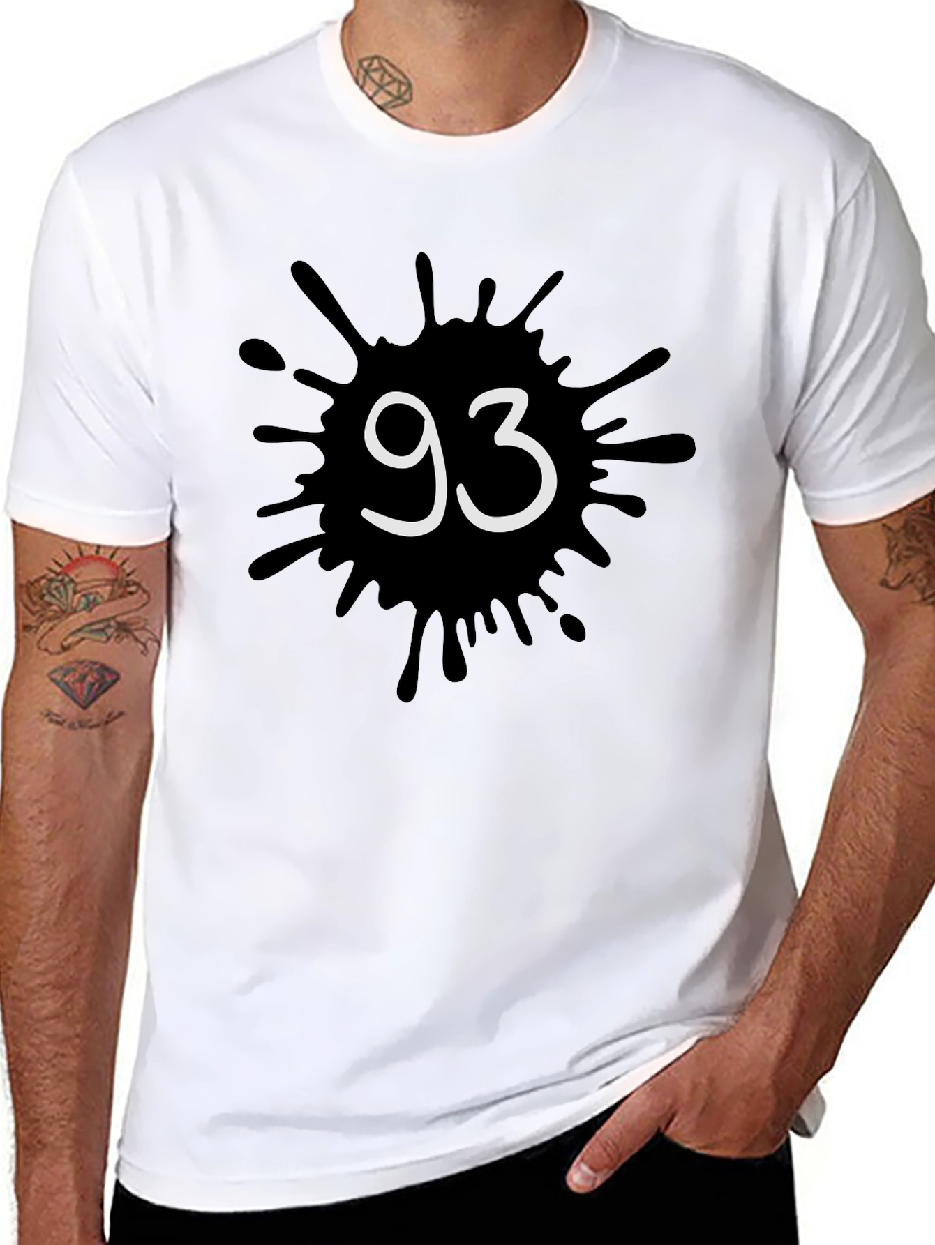 Mens Black T-Shirt with 93 Ink Splatter Design