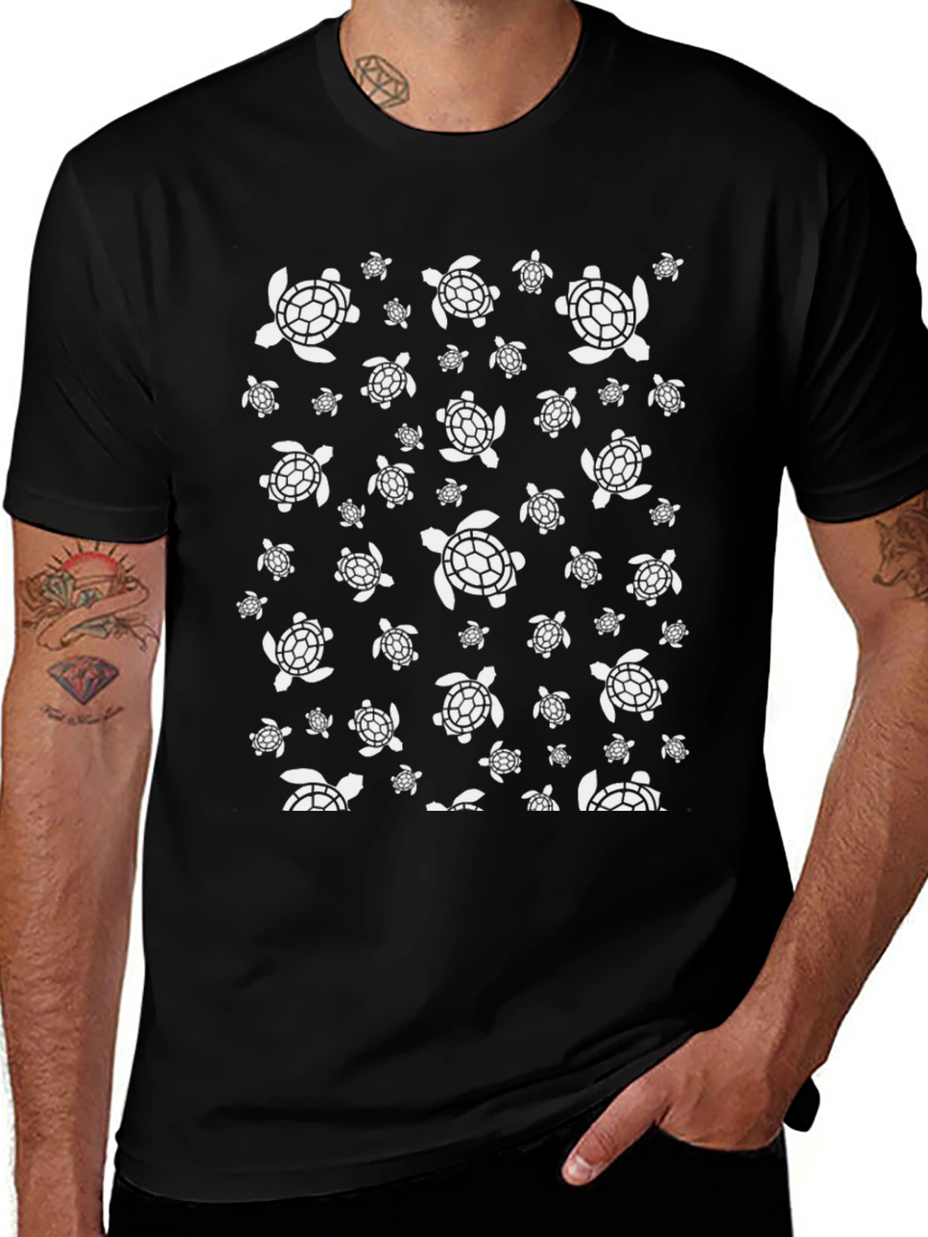 Turtle Pattern Graphic Tee - Black