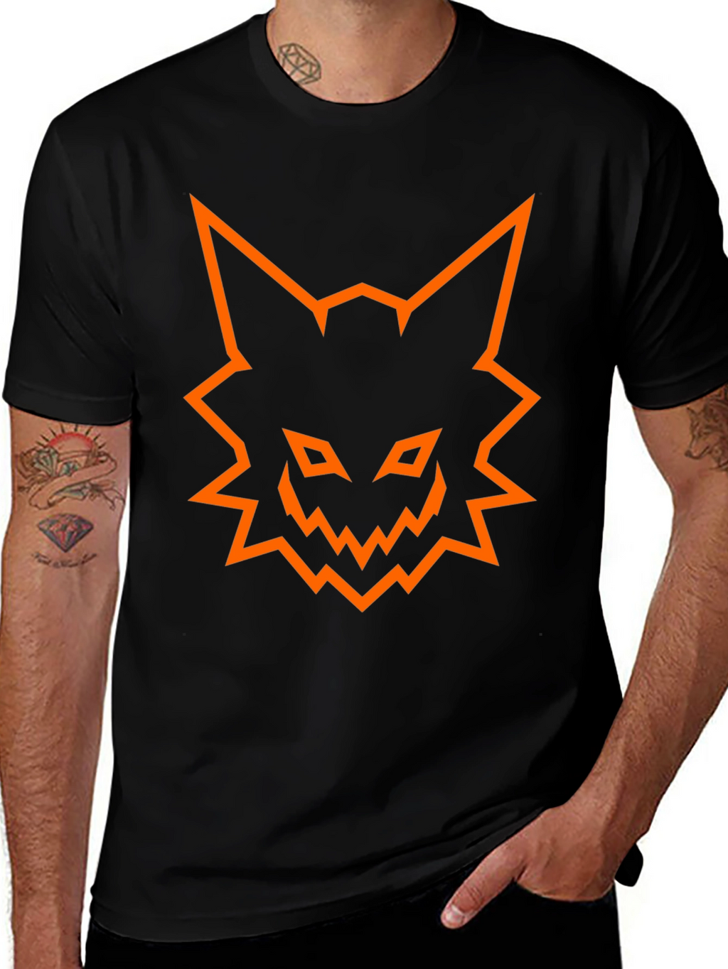 Mens Black T-Shirt with Orange Fox Graphic