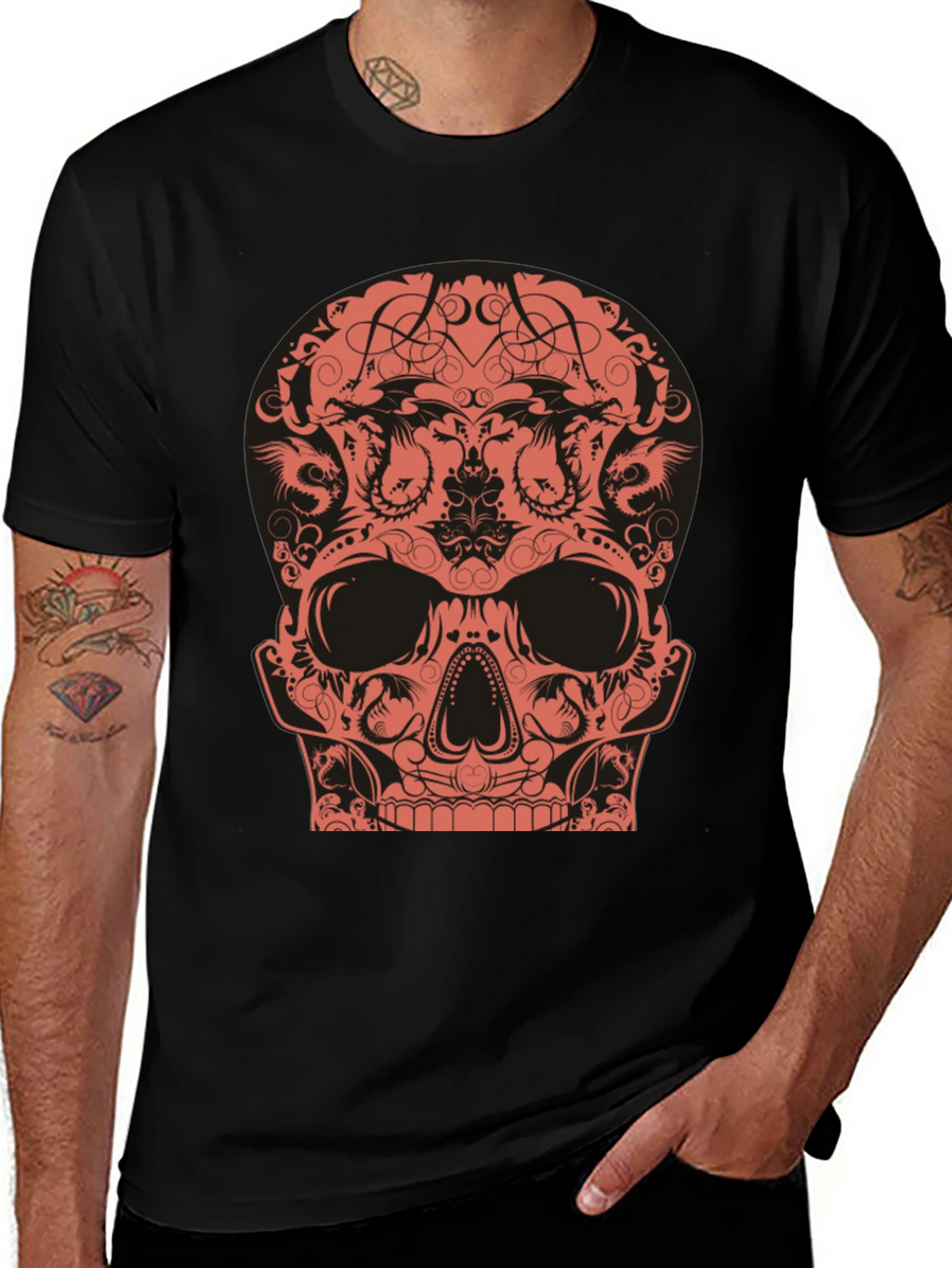 Skull Dragon Graphic Tee - Black Cotton T-Shirt