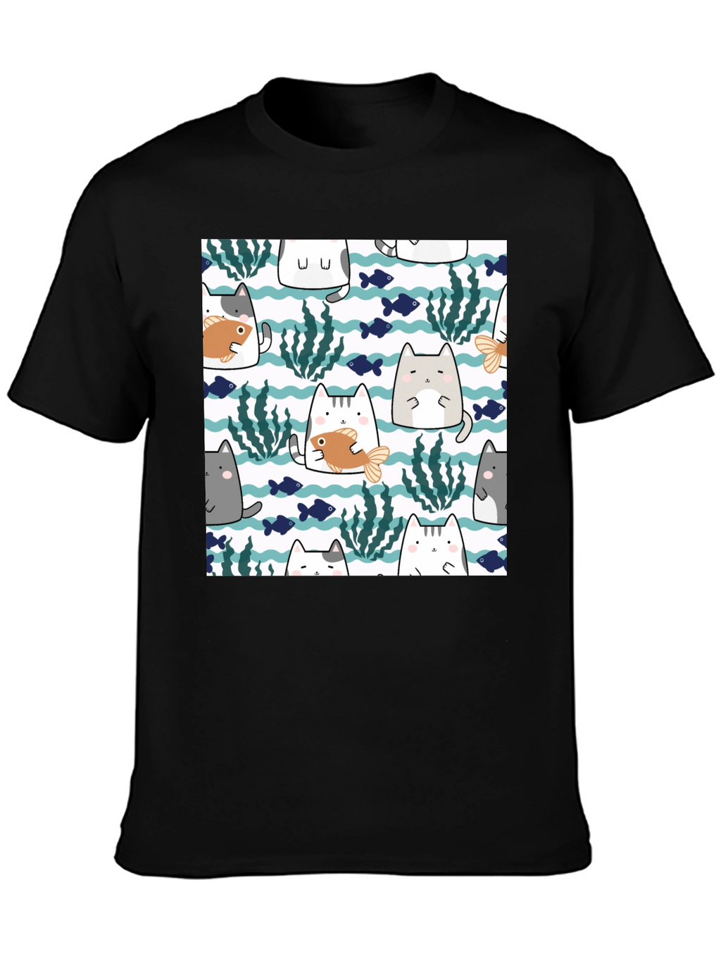 Fun Cat & Fish Graphic Tee - Black