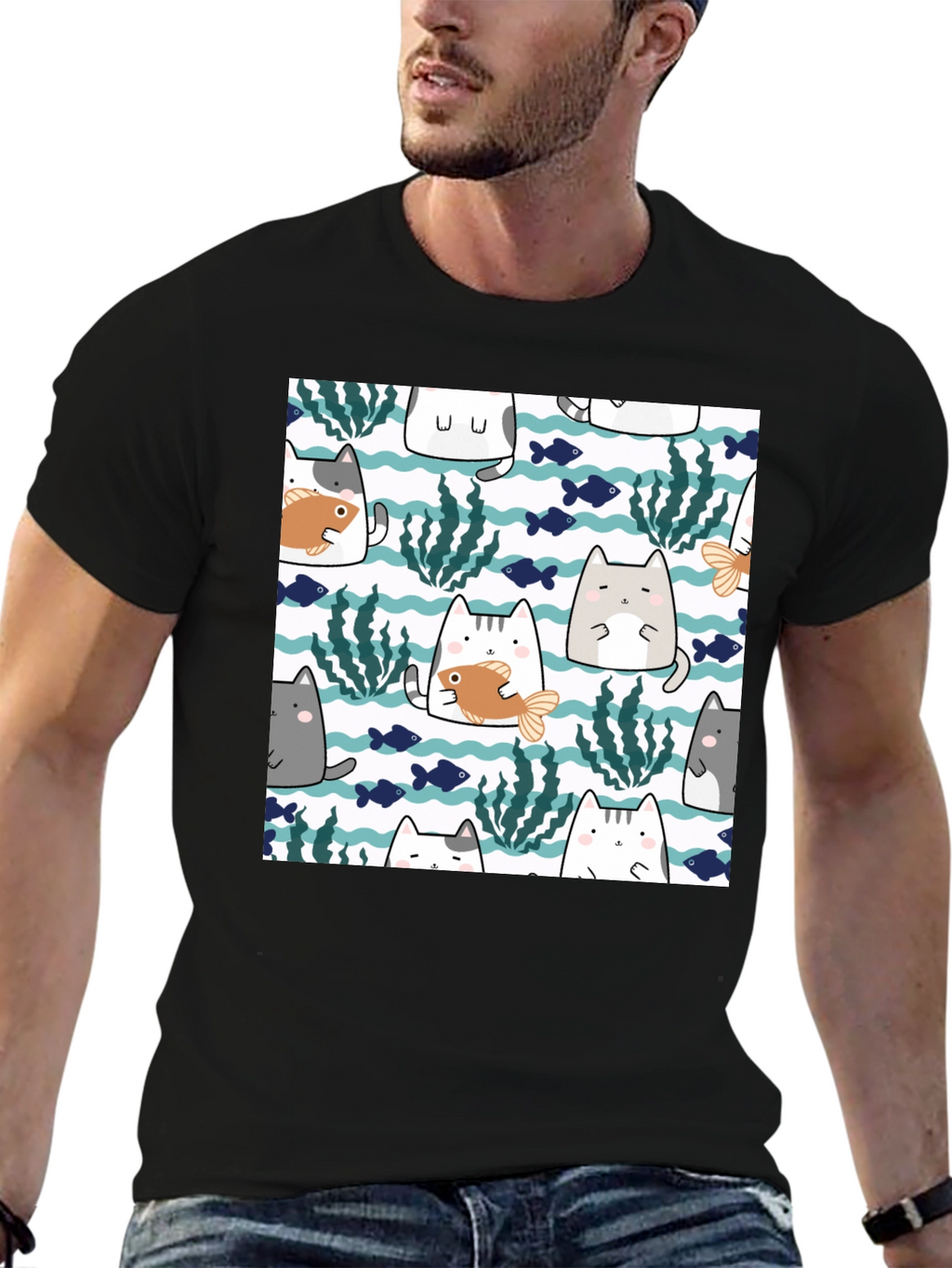 Fun Cat & Fish Graphic Tee - Black