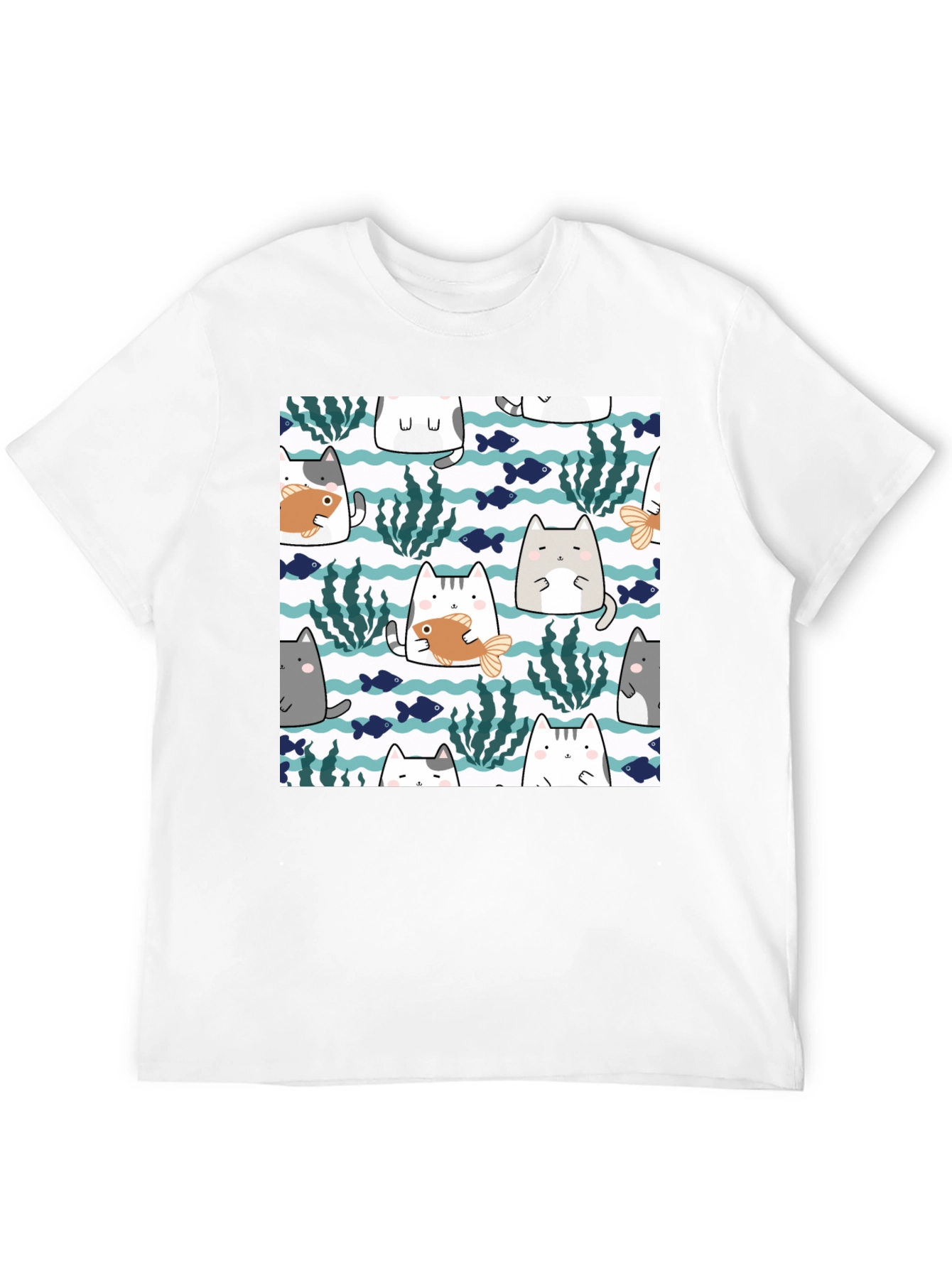 Fun Cat & Fish Graphic Tee - Black