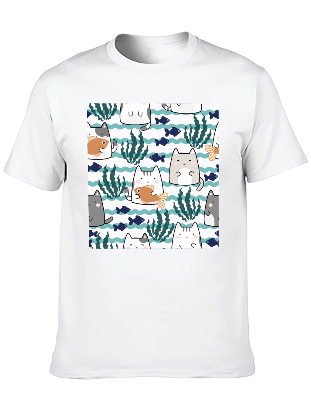 Fun Cat & Fish Graphic Tee - Black
