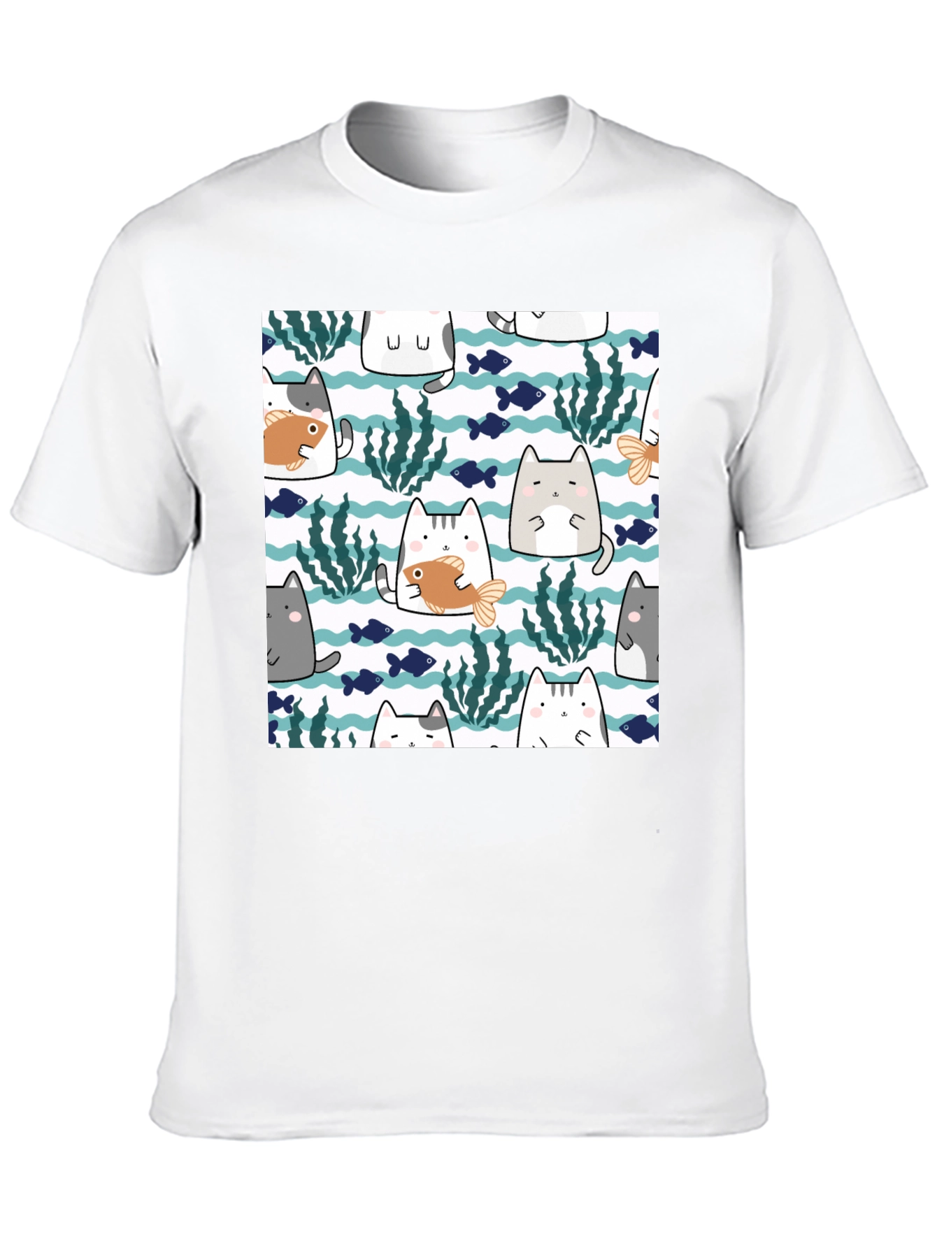 Fun Cat & Fish Graphic Tee - Black