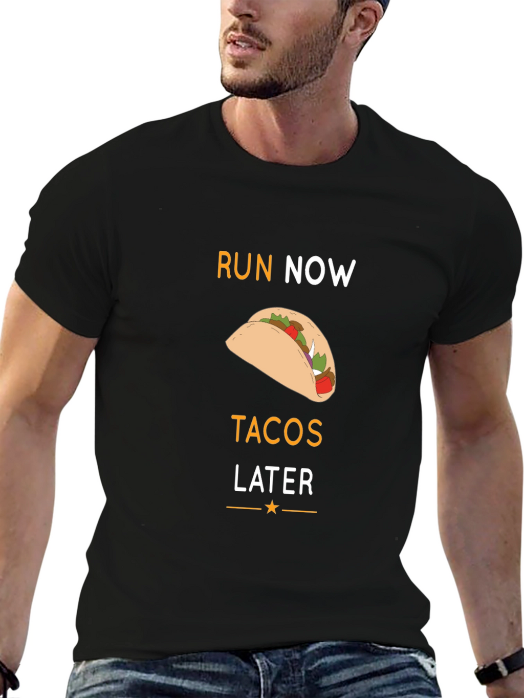 Run Now Tacos Later Black Graphic T-Shirt