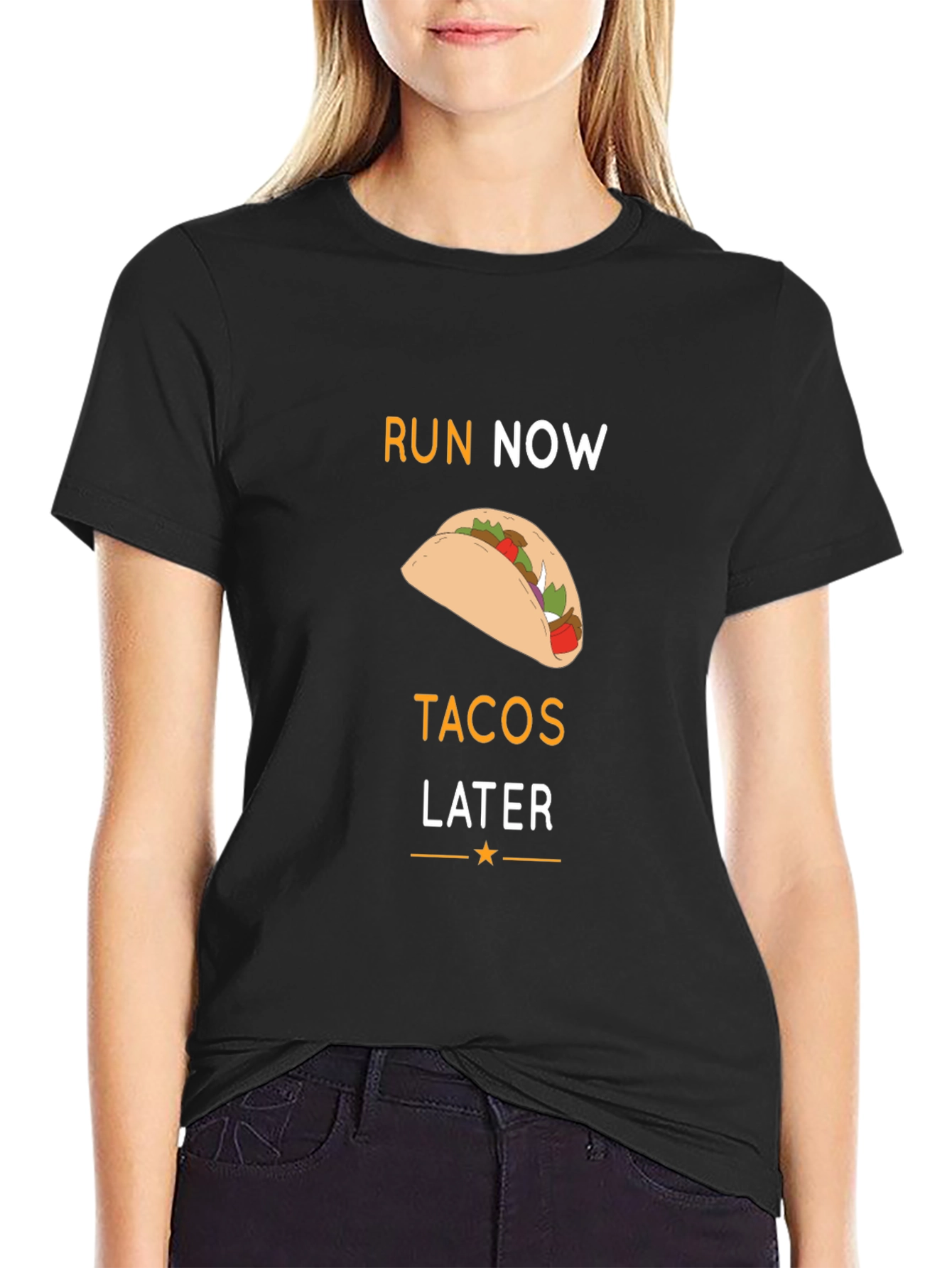 Run Now Tacos Later Black Graphic T-Shirt