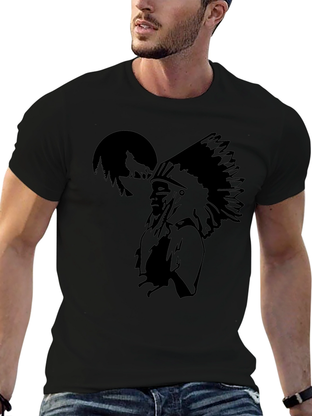 Native American Chief Graphic Black T-Shirt