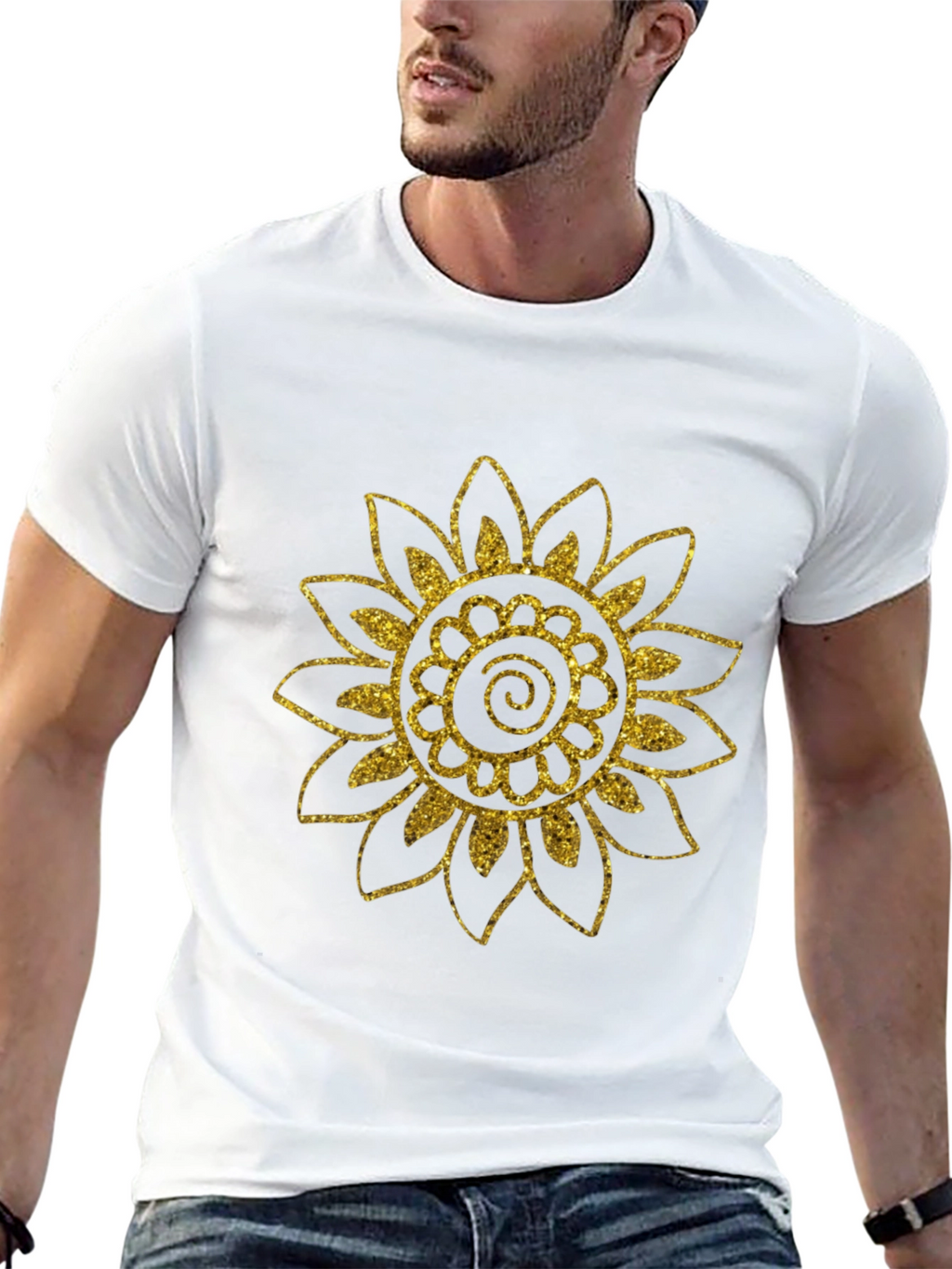 Black T-Shirt with Gold Glitter Sunflower Design