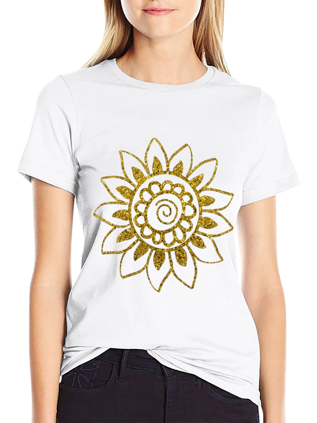 Black T-Shirt with Gold Glitter Sunflower Design