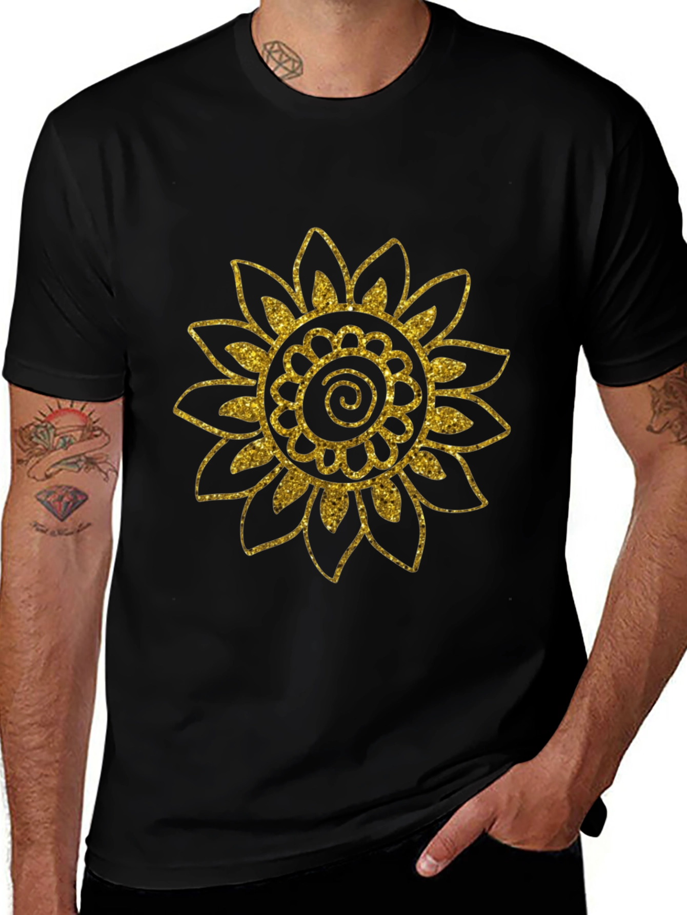 Black T-Shirt with Gold Glitter Sunflower Design