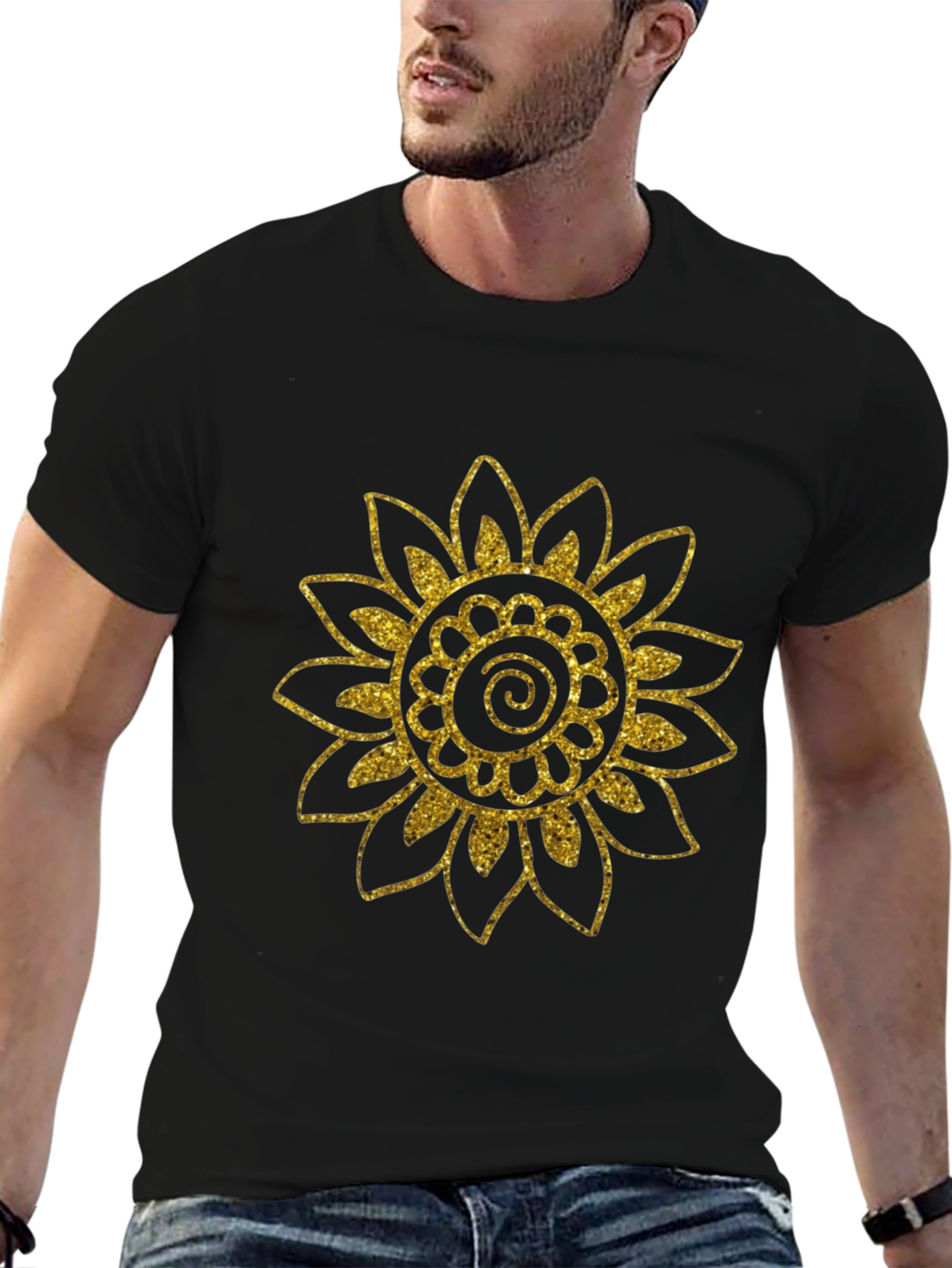 Black T-Shirt with Gold Glitter Sunflower Design
