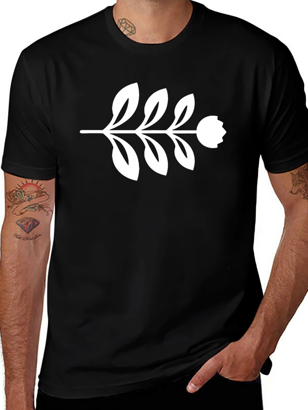 Black T-Shirt with Floral Branch Design