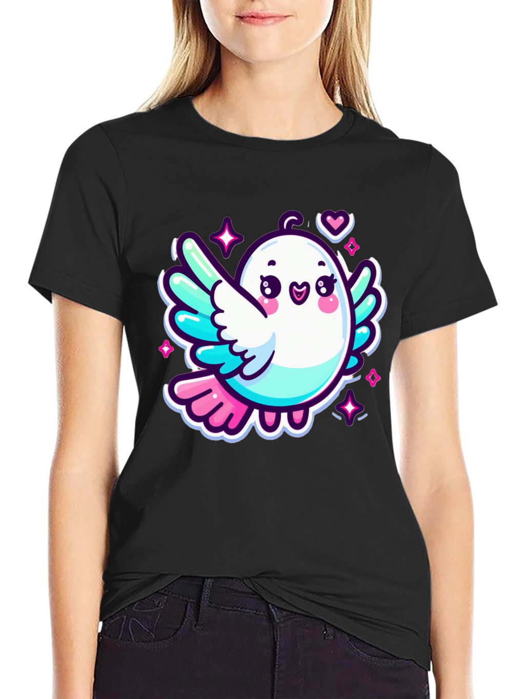 Cute Cartoon Bird Graphic Black T-Shirt