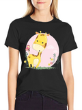 Cute Giraffe Cartoon Graphic Tee - Black