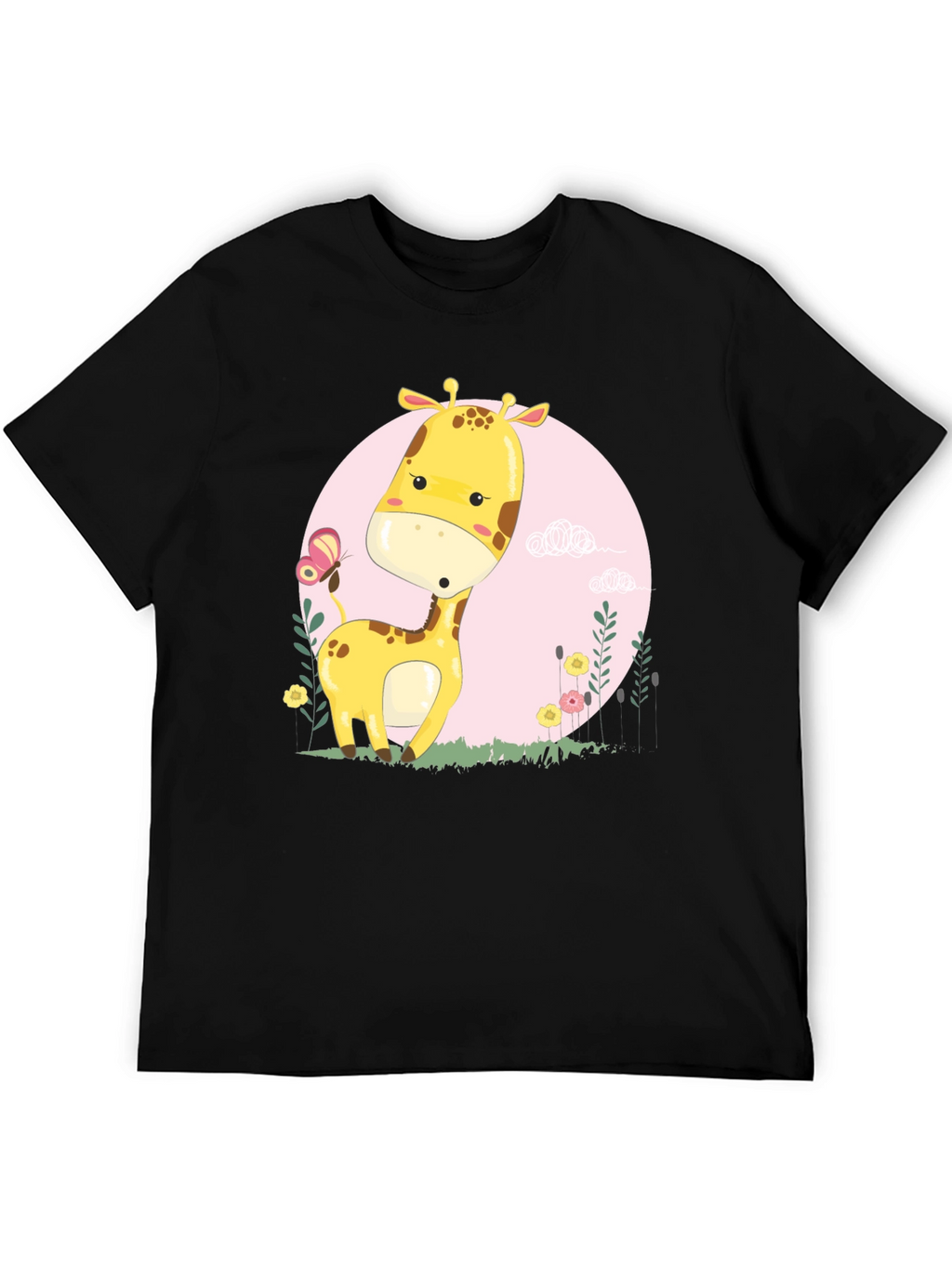 Cute Giraffe Cartoon Graphic Tee - Black