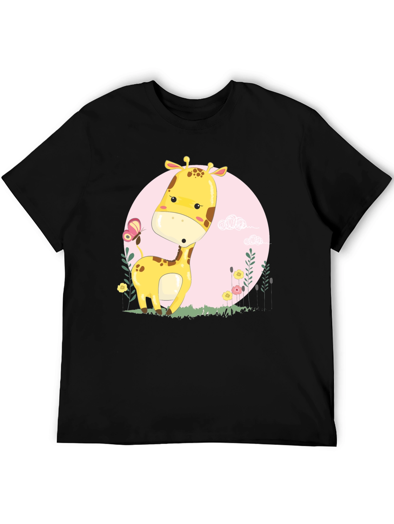 Cute Giraffe Cartoon Graphic Tee - Black