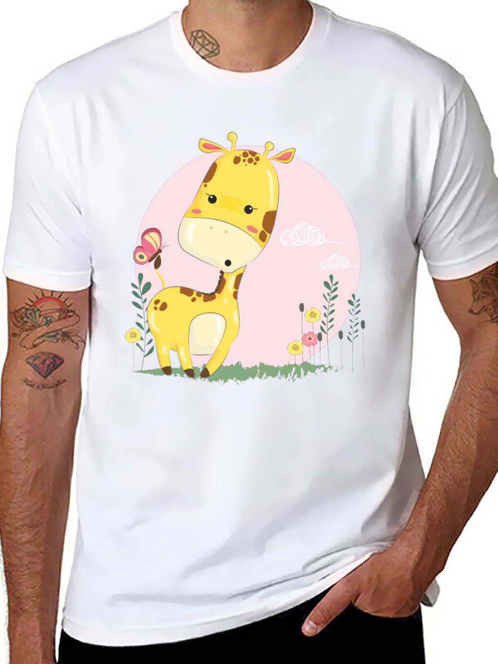 Cute Giraffe Cartoon Graphic Tee - Black