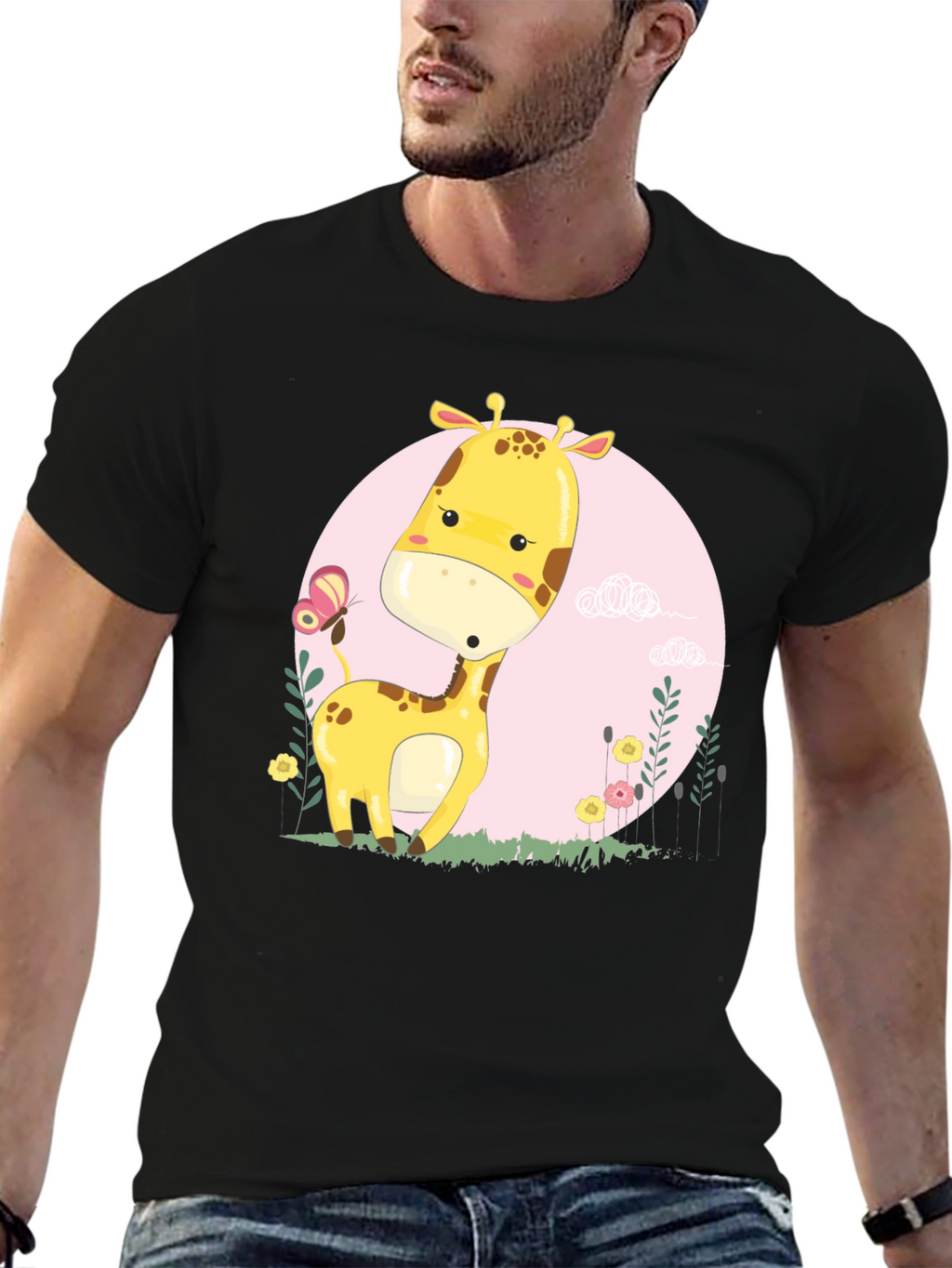 Cute Giraffe Cartoon Graphic Tee - Black