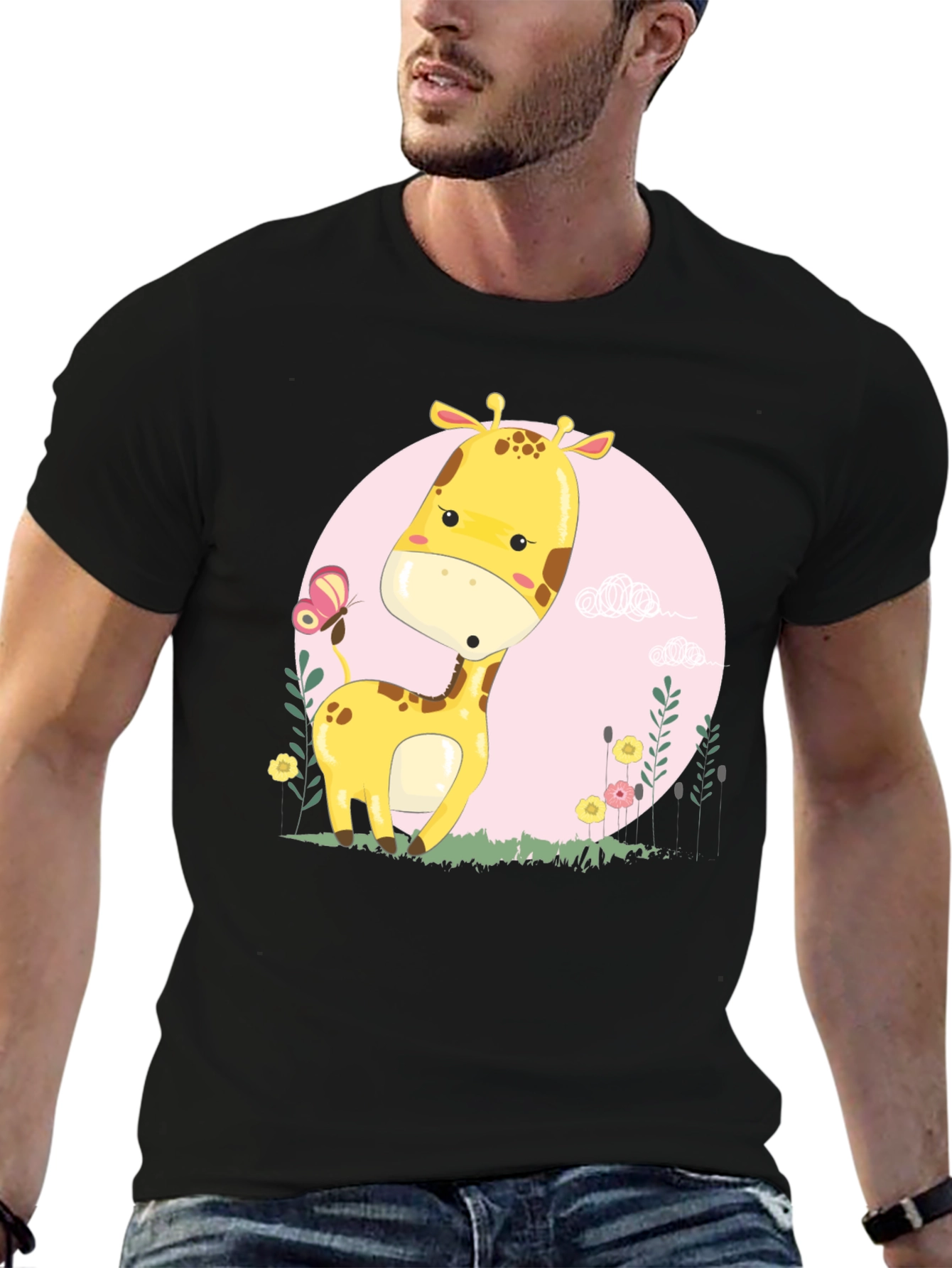 Cute Giraffe Cartoon Graphic Tee - Black