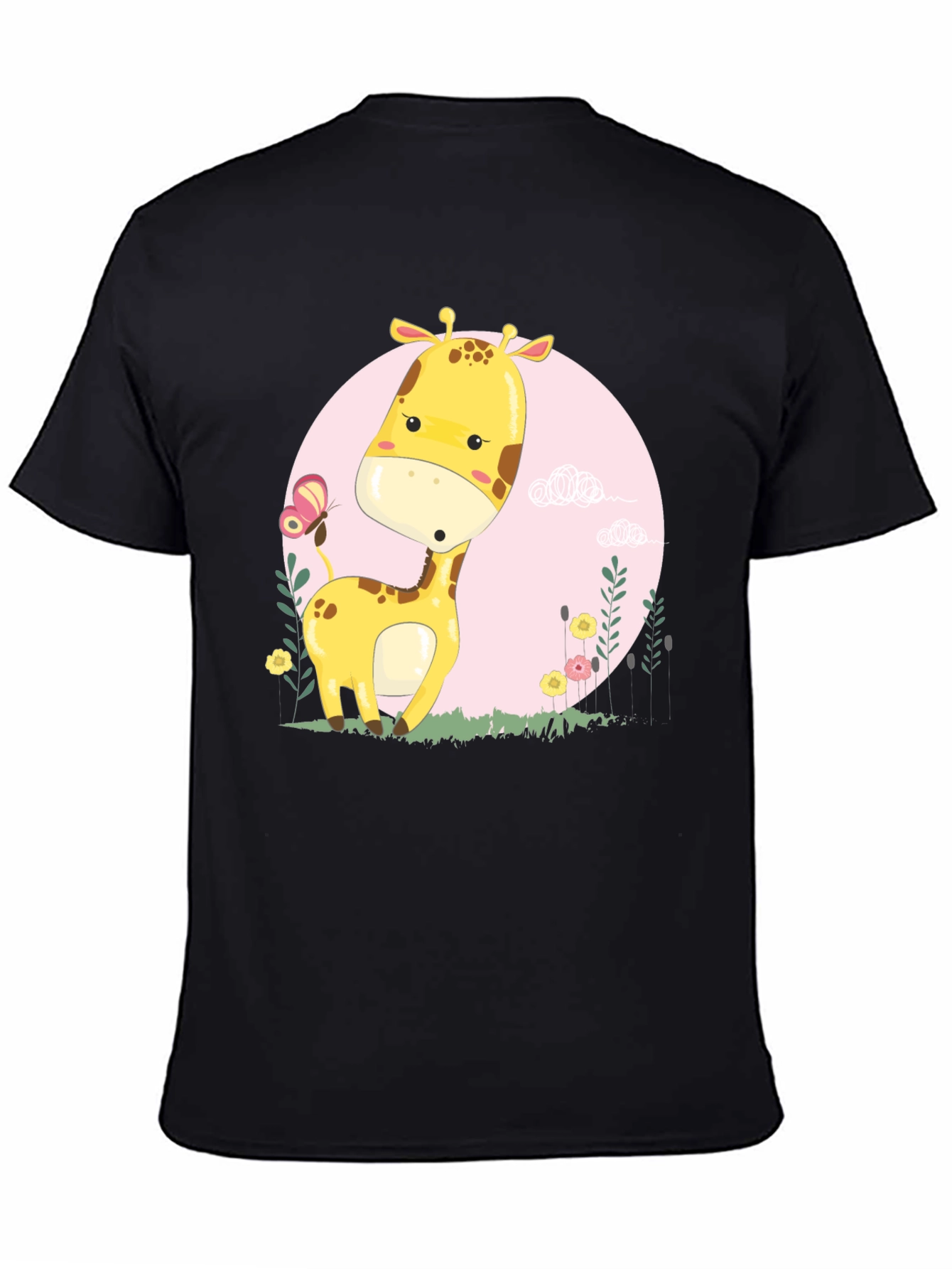 Cute Giraffe Cartoon Graphic Tee - Black