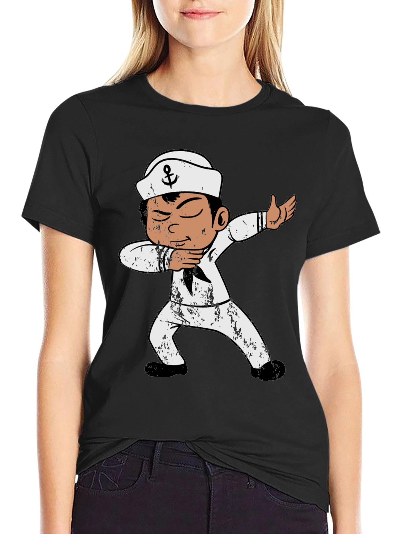 Dabbing Sailor Graphic Tee - Black Cotton T-Shirt